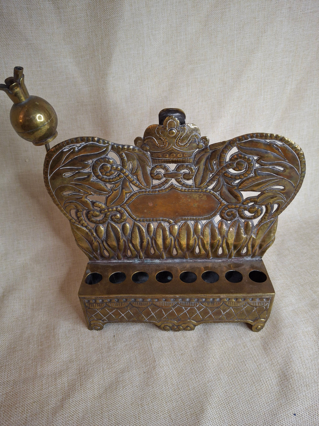 Rare 19thC Polish Brass Hanukkah Menorah Oil Lamp Crown Lions Judaica