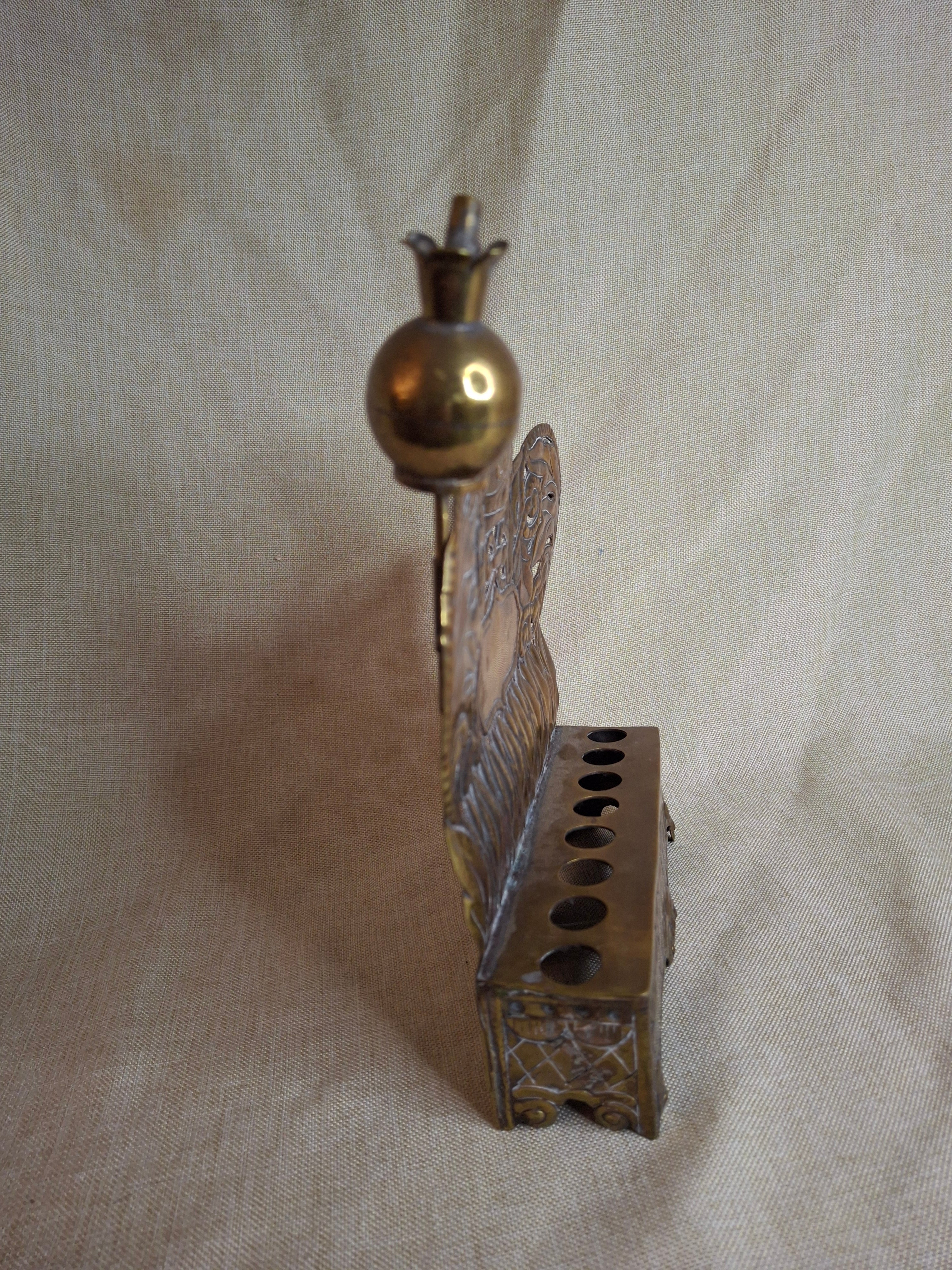 Rare 19thC Polish Brass Hanukkah Menorah Oil Lamp Crown Lions Judaica