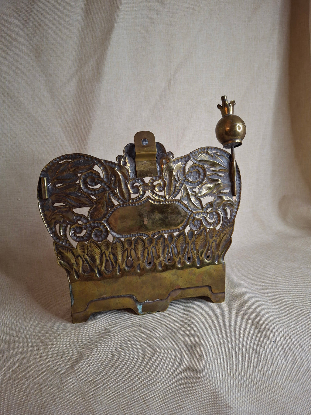Rare 19thC Polish Brass Hanukkah Menorah Oil Lamp Crown Lions Judaica