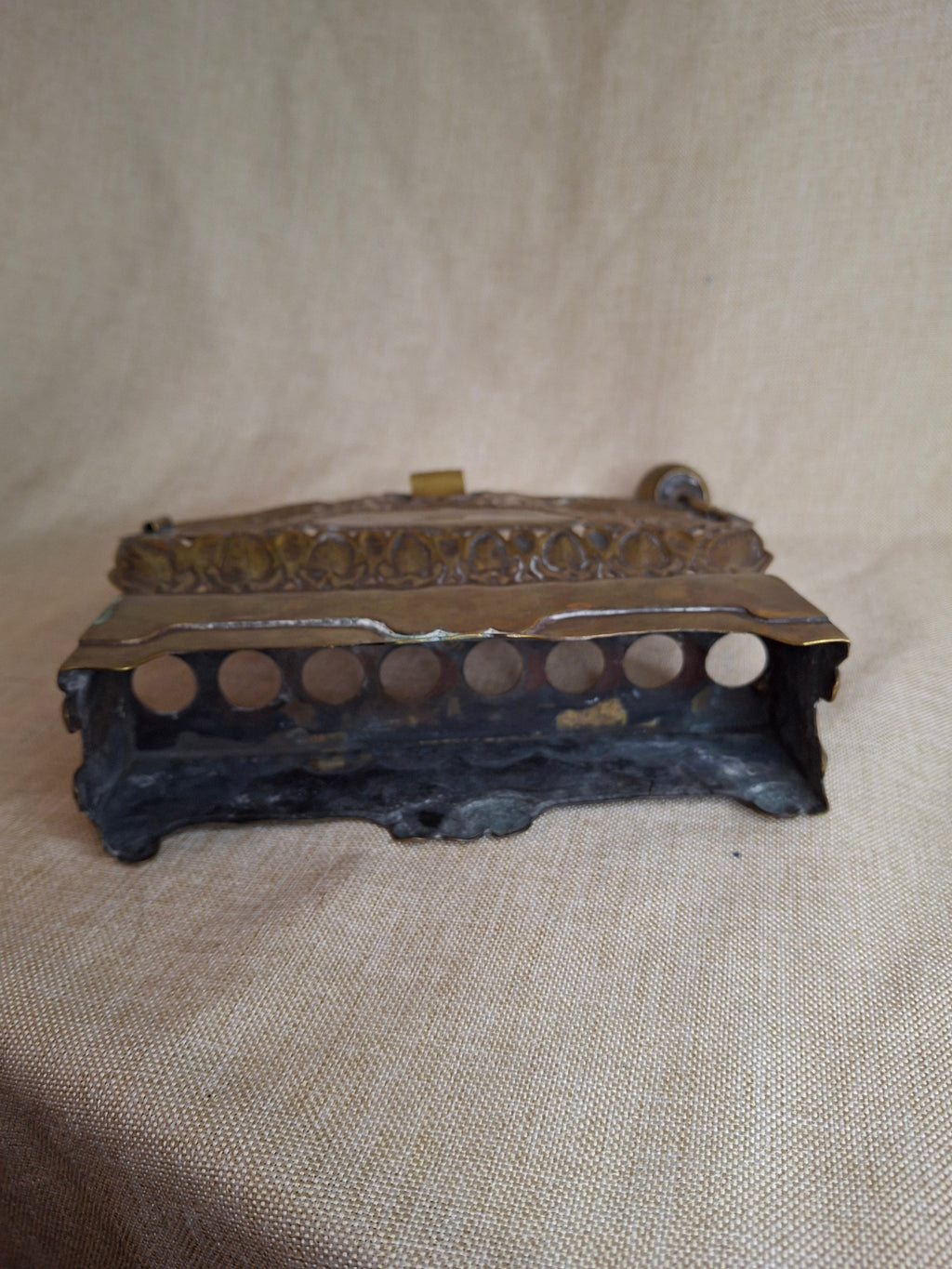 Rare 19thC Polish Brass Hanukkah Menorah Oil Lamp Crown Lions Judaica