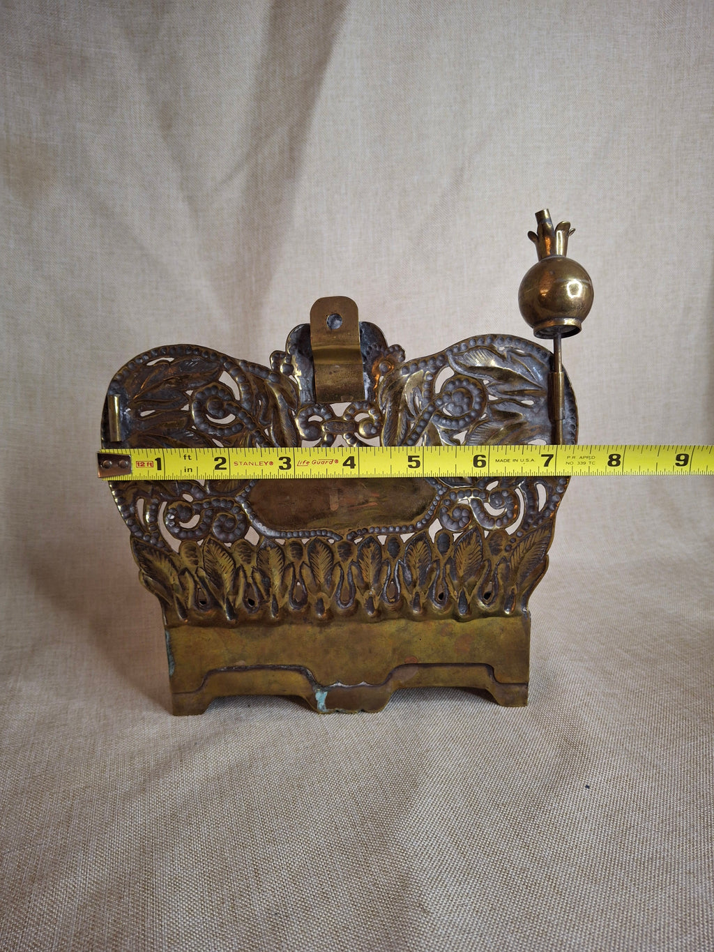 Rare 19thC Polish Brass Hanukkah Menorah Oil Lamp Crown Lions Judaica