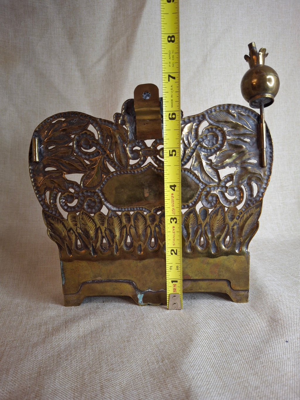Rare 19thC Polish Brass Hanukkah Menorah Oil Lamp Crown Lions Judaica