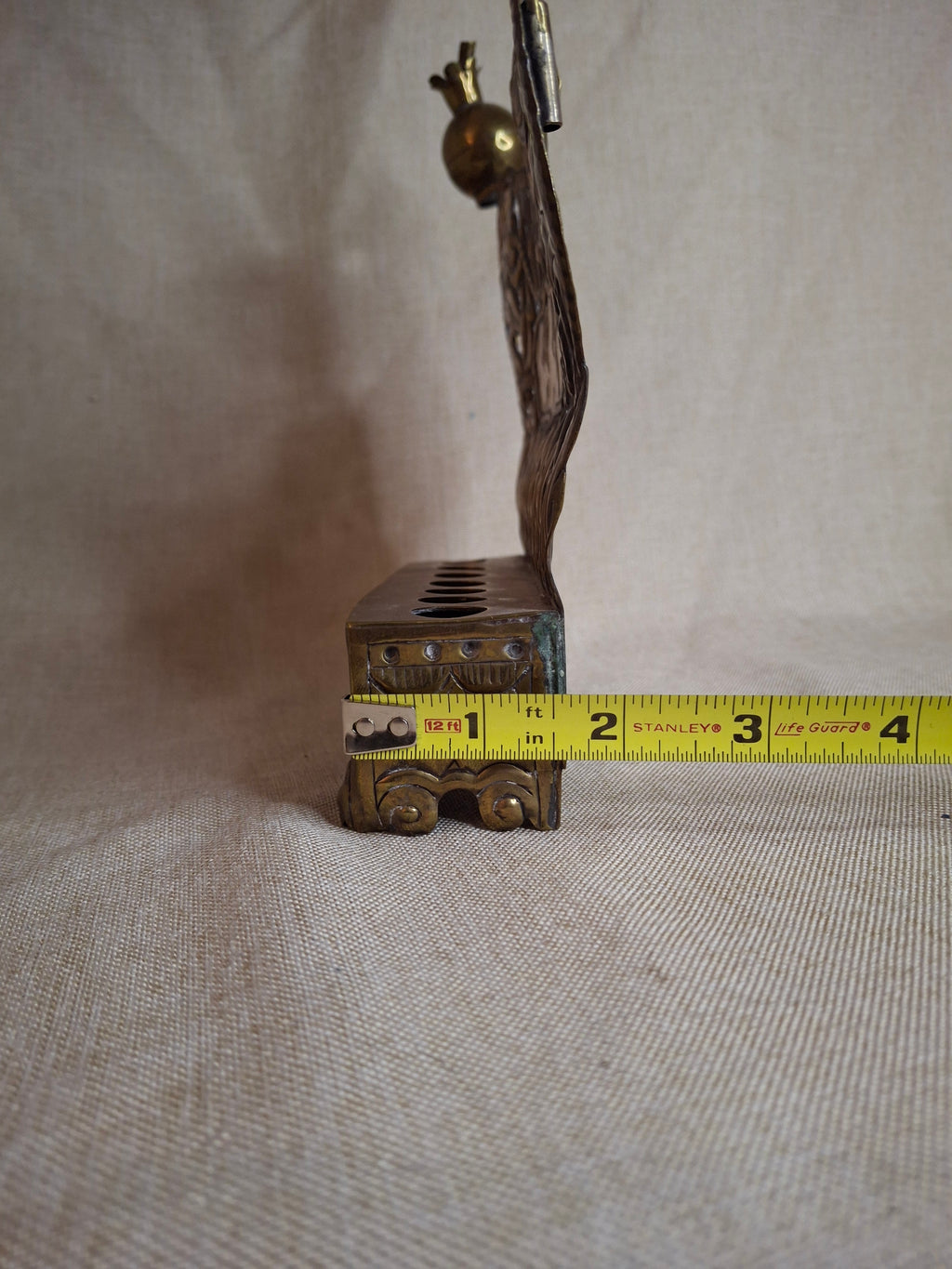 Rare 19thC Polish Brass Hanukkah Menorah Oil Lamp Crown Lions Judaica