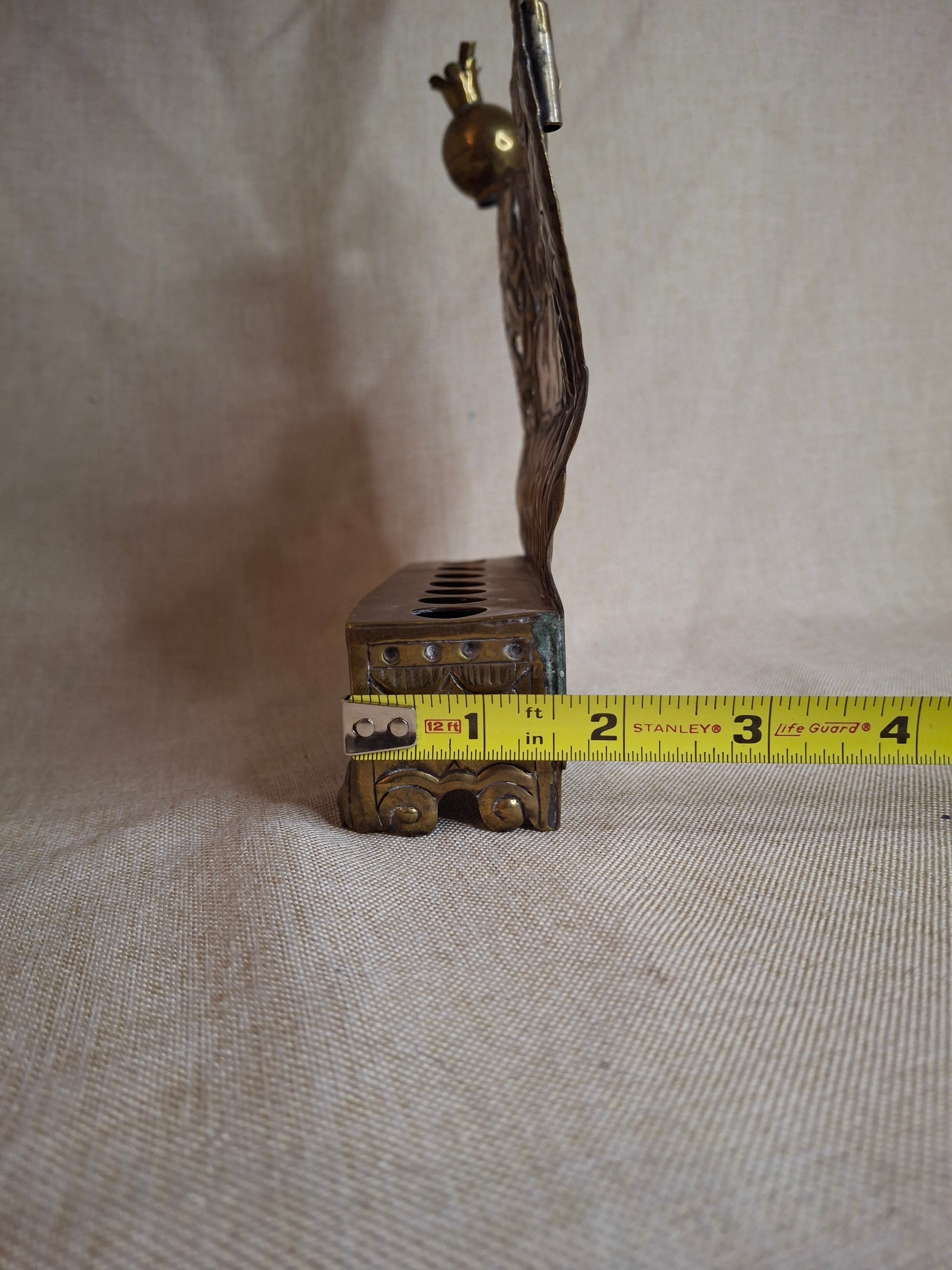 Rare 19thC Polish Brass Hanukkah Menorah Oil Lamp Crown Lions Judaica