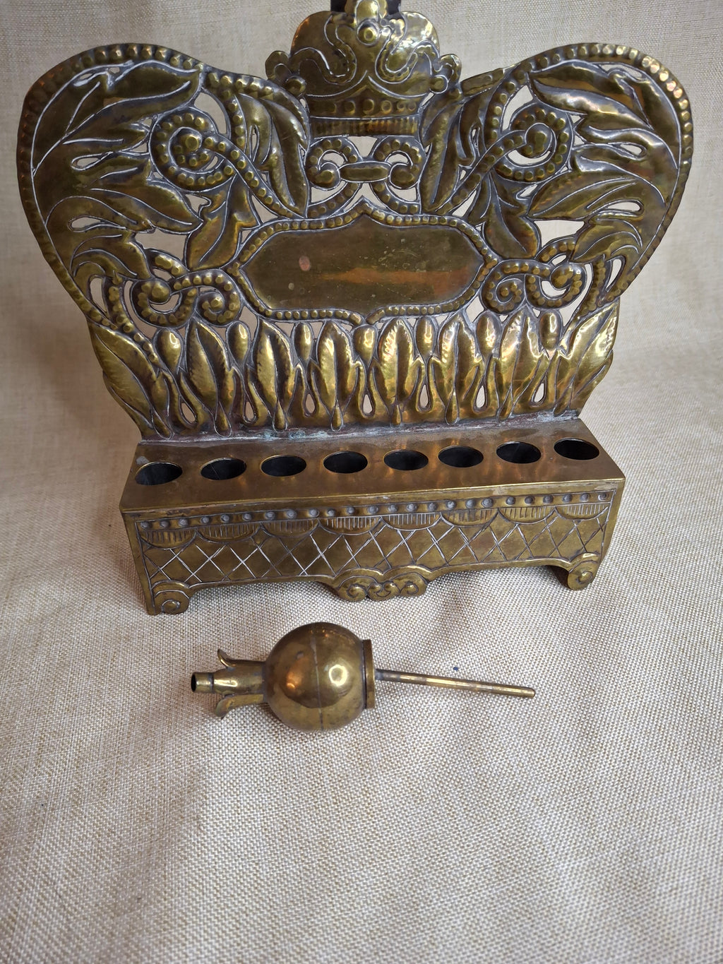 Rare 19thC Polish Brass Hanukkah Menorah Oil Lamp Crown Lions Judaica