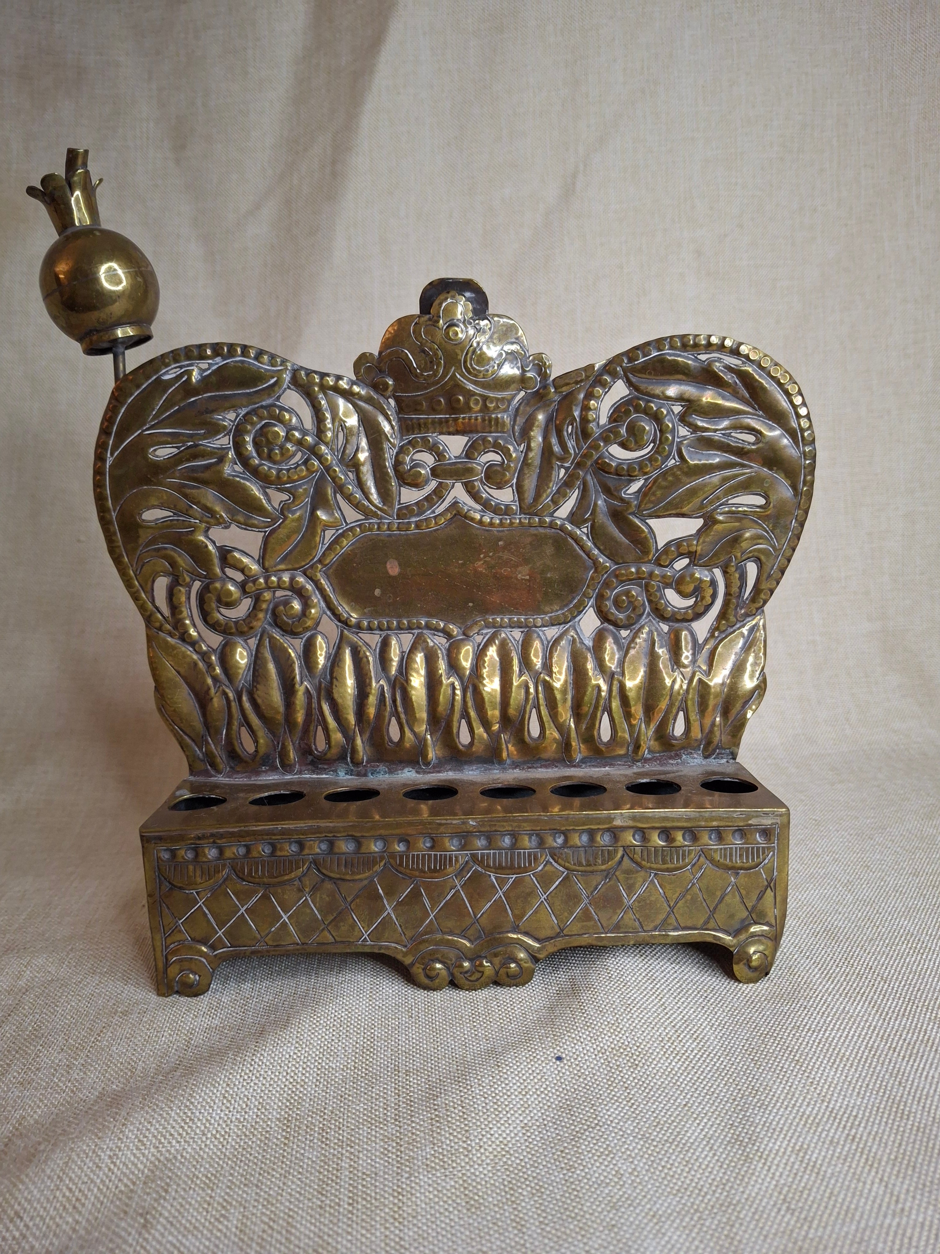 Rare 19thC Polish Brass Hanukkah Menorah Oil Lamp Crown Lions Judaica