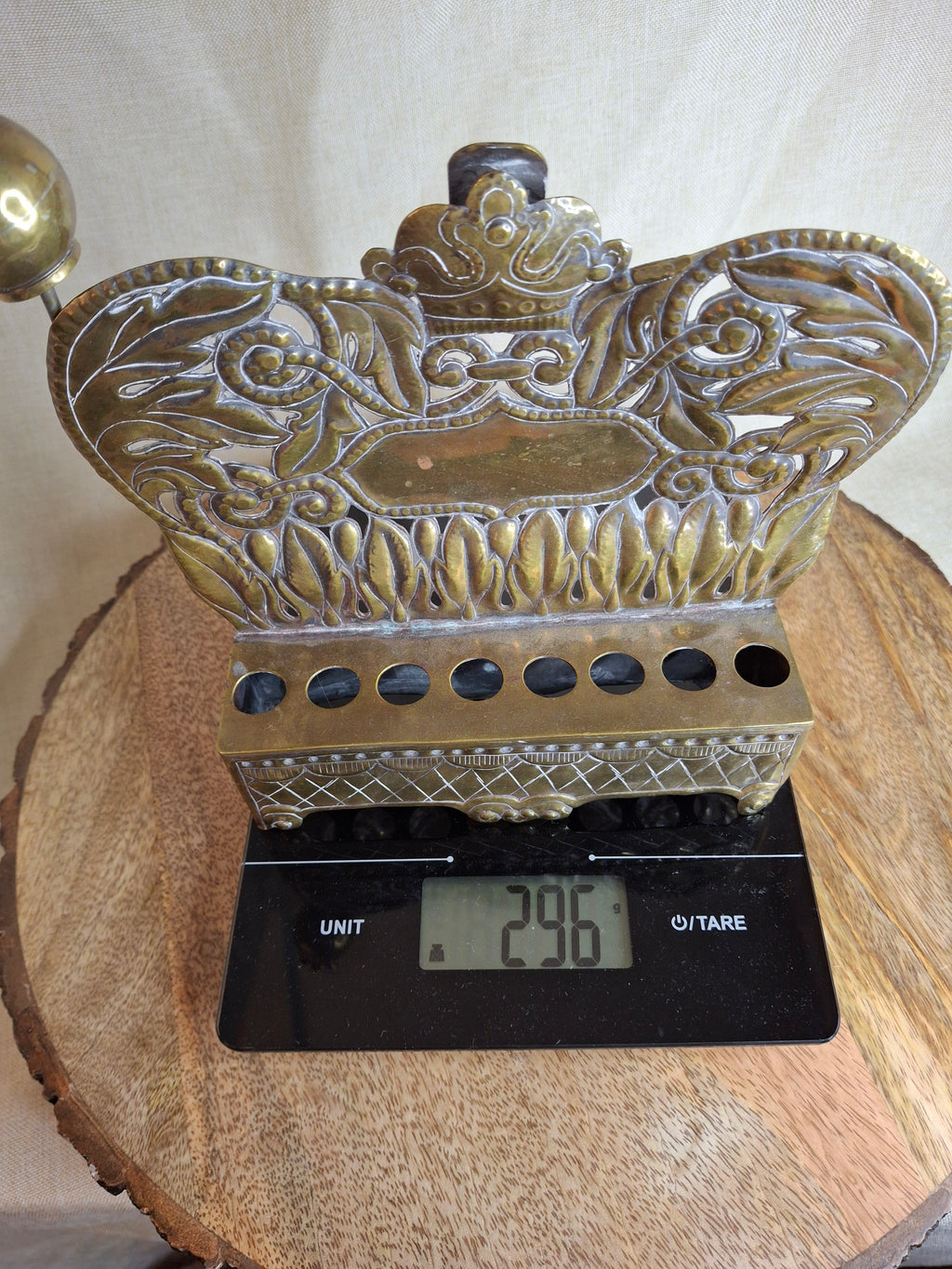 Rare 19thC Polish Brass Hanukkah Menorah Oil Lamp Crown Lions Judaica