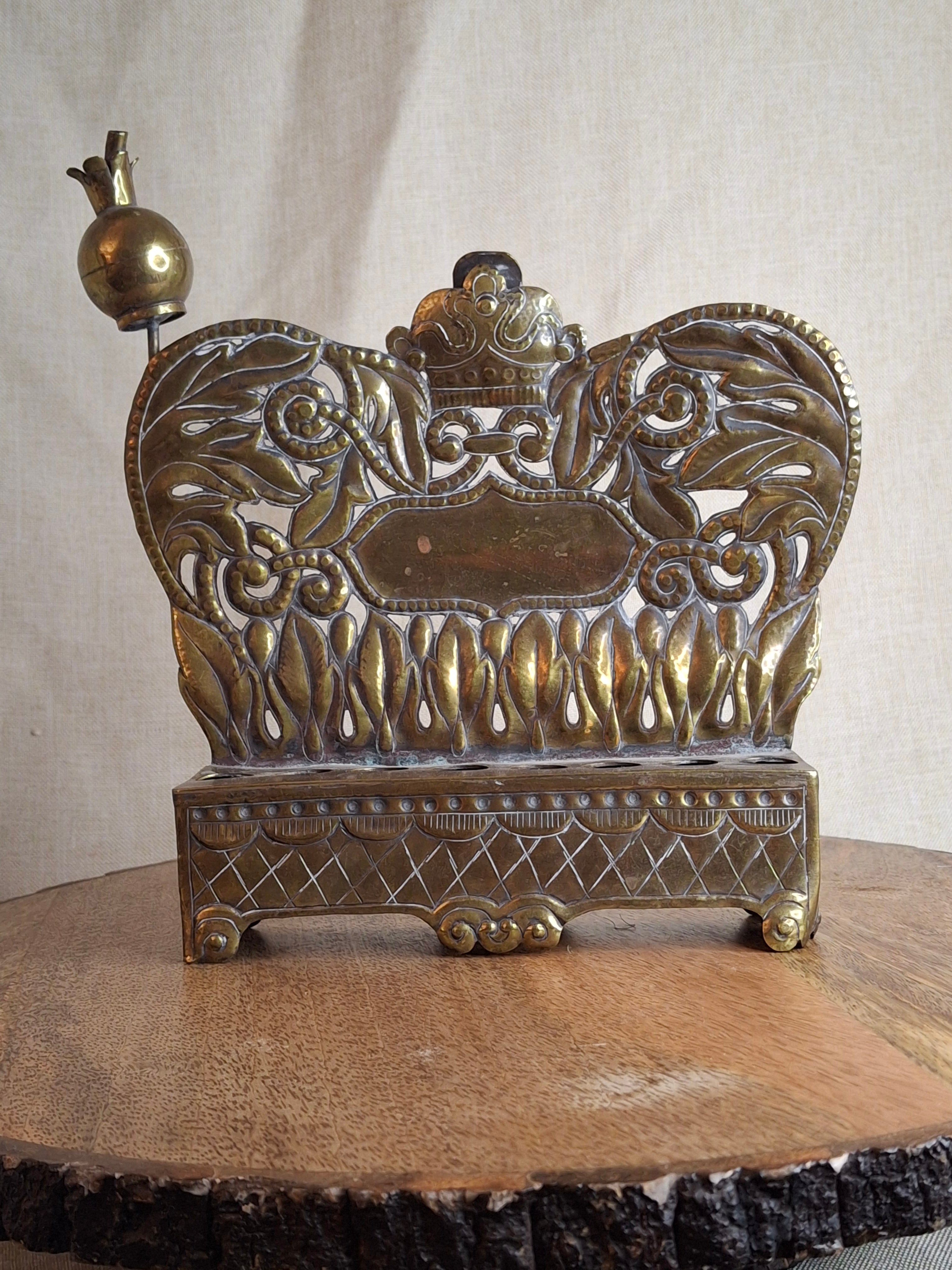 Rare 19thC Polish Brass Hanukkah Menorah Oil Lamp Crown Lions Judaica