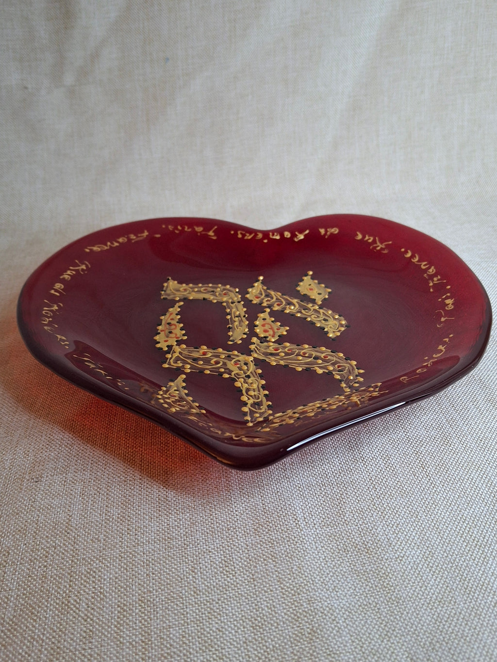 Vintage Murano Red Glass Heart Plate Signed Ahava Hebrew Rue des Rosiers Paris