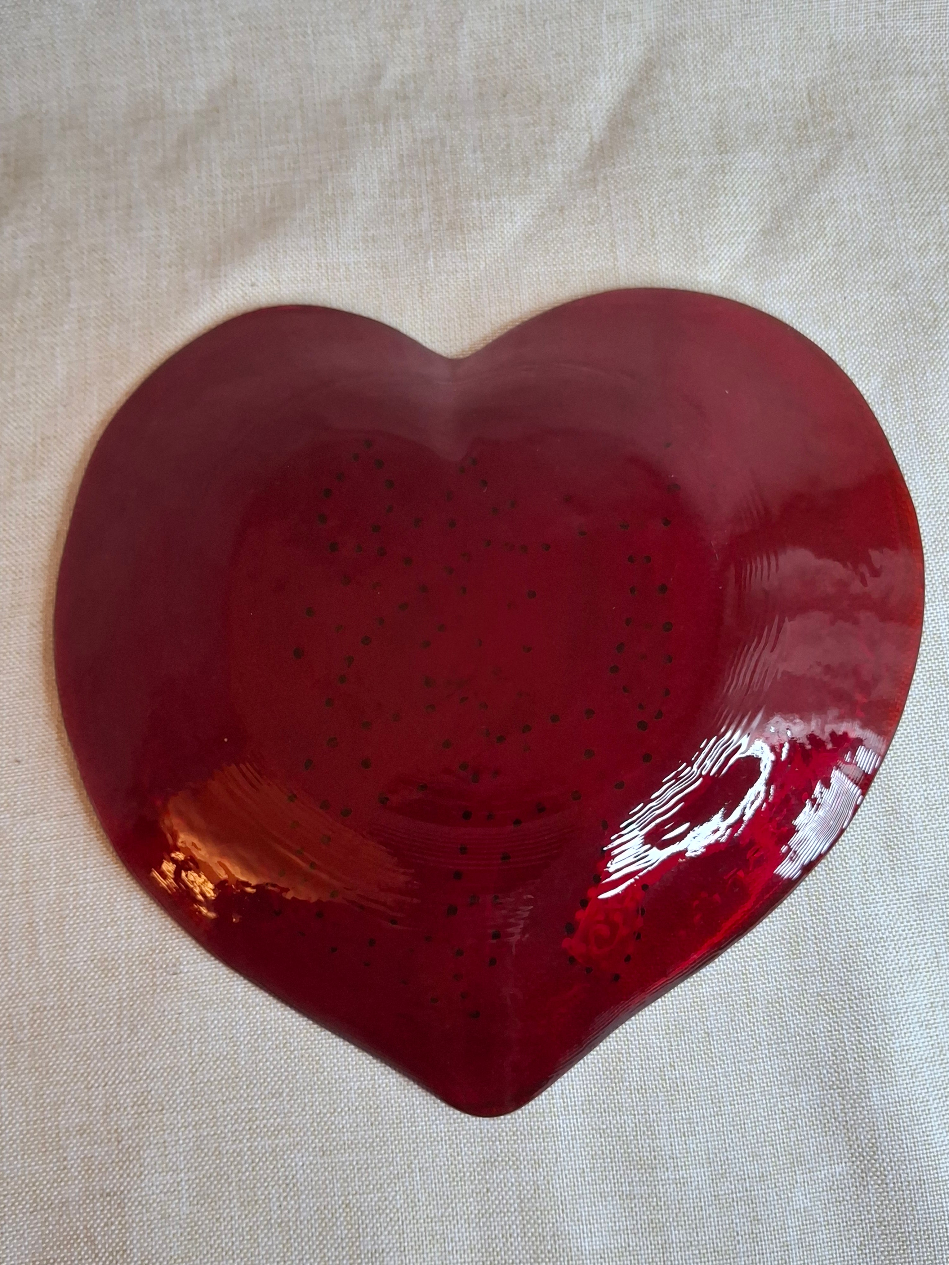 Vintage Murano Red Glass Heart Plate Signed Ahava Hebrew Rue des Rosiers Paris