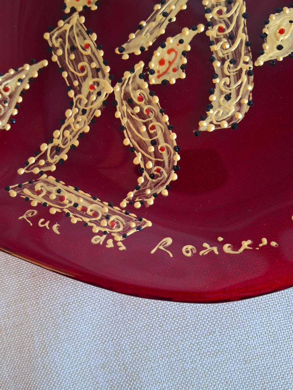 Vintage Murano Red Glass Heart Plate Signed Ahava Hebrew Rue des Rosiers Paris