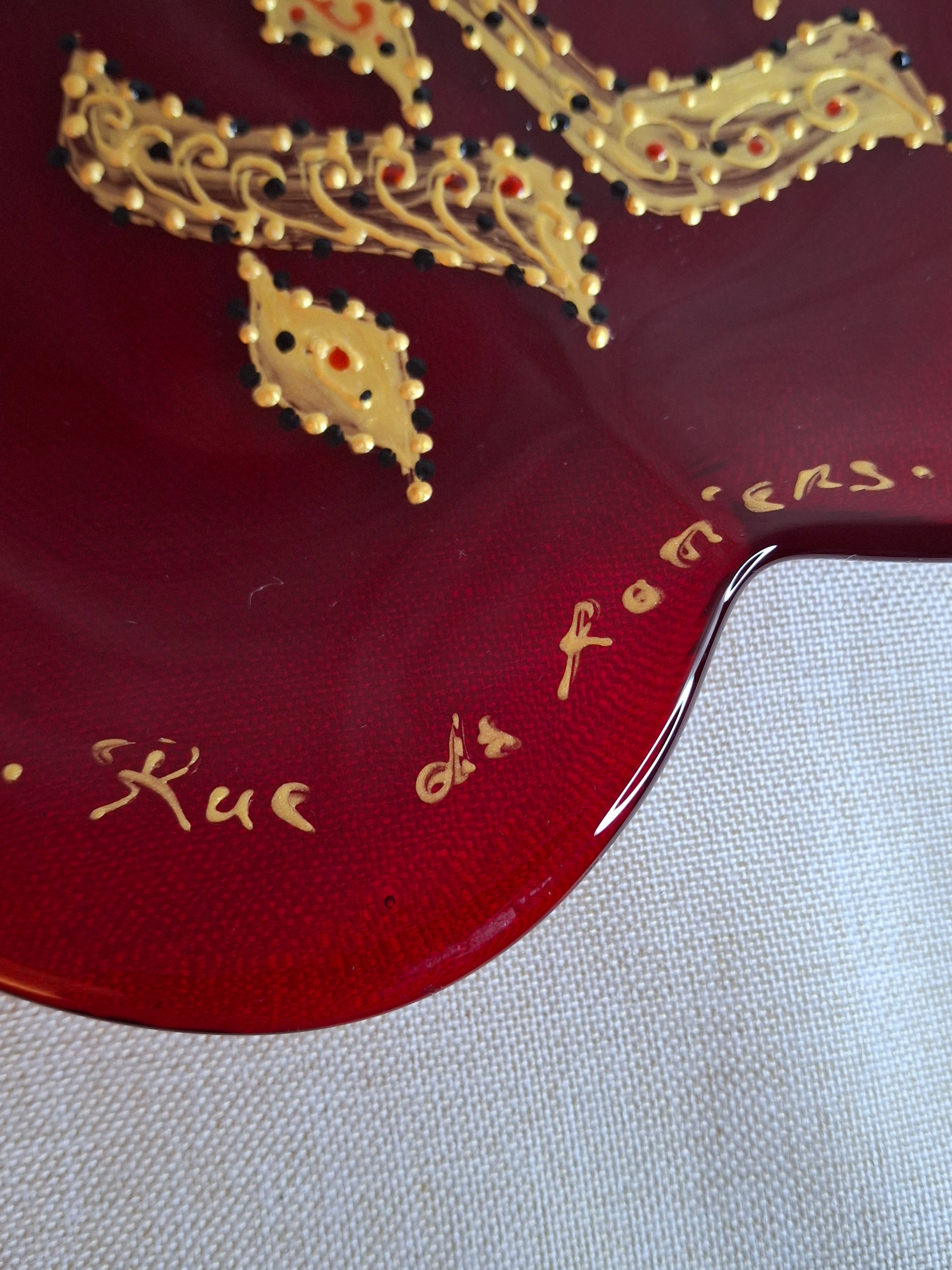 Vintage Murano Red Glass Heart Plate Signed Ahava Hebrew Rue des Rosiers Paris
