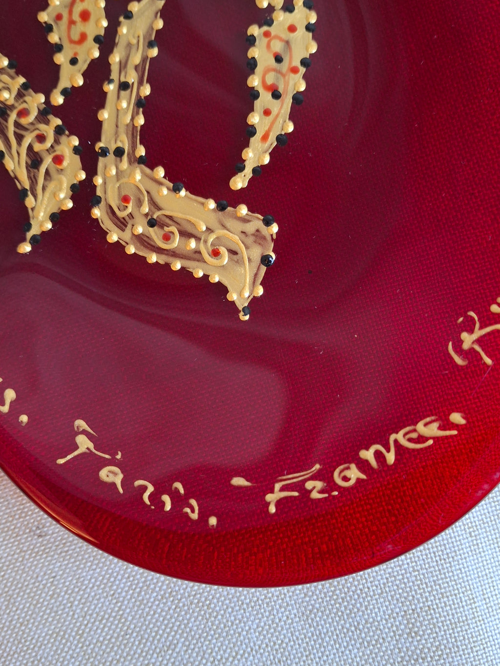 Vintage Murano Red Glass Heart Plate Signed Ahava Hebrew Rue des Rosiers Paris