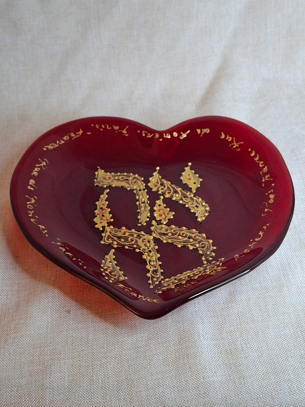 Vintage Murano Red Glass Heart Plate Signed Ahava Hebrew Rue des Rosiers Paris