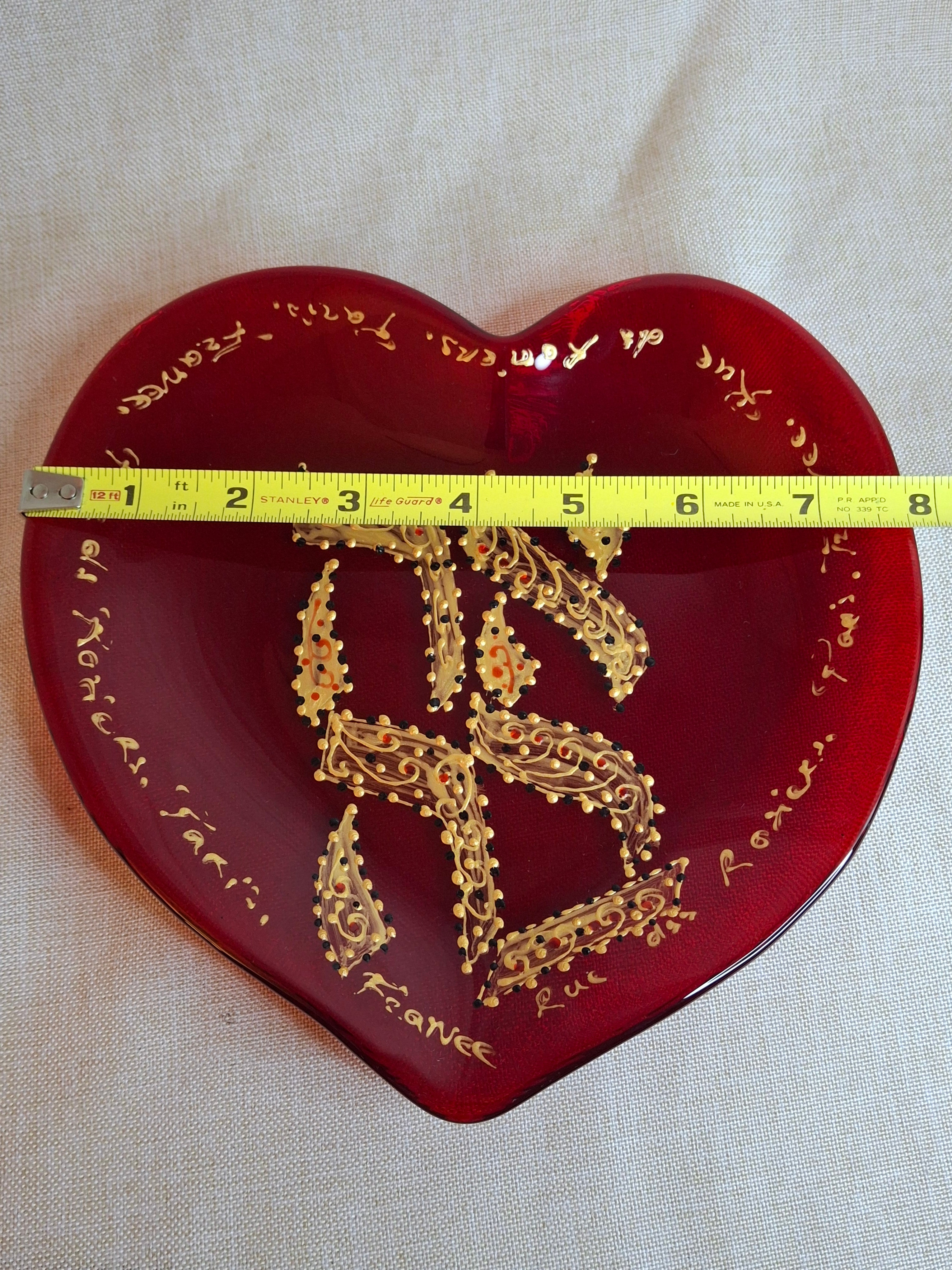 Vintage Murano Red Glass Heart Plate Signed Ahava Hebrew Rue des Rosiers Paris