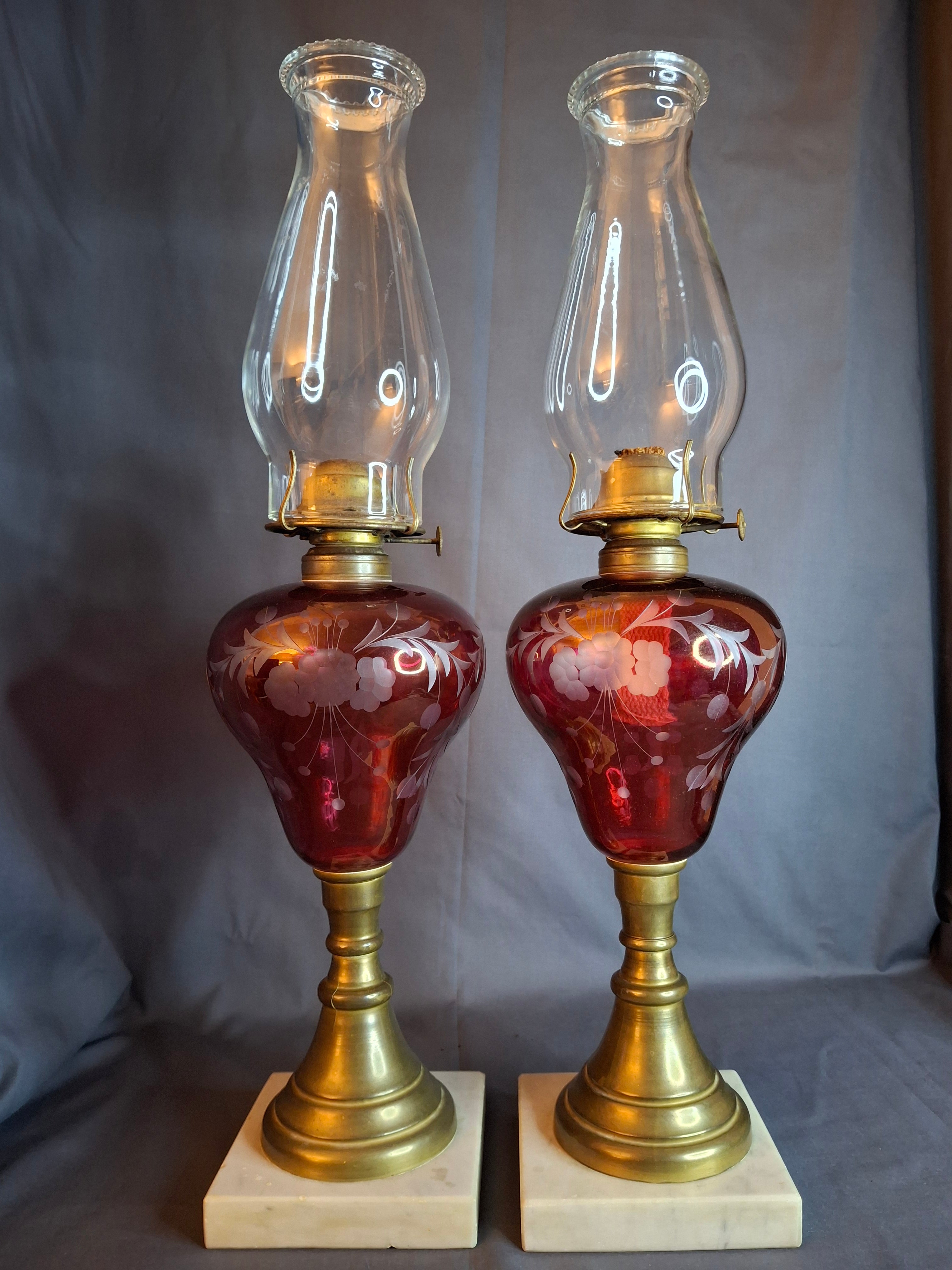 Matching Pair Antique Bohemian Cranberry Cut-to-Clear Kerosene Lamps Marble Base P&A Eagle 1850s