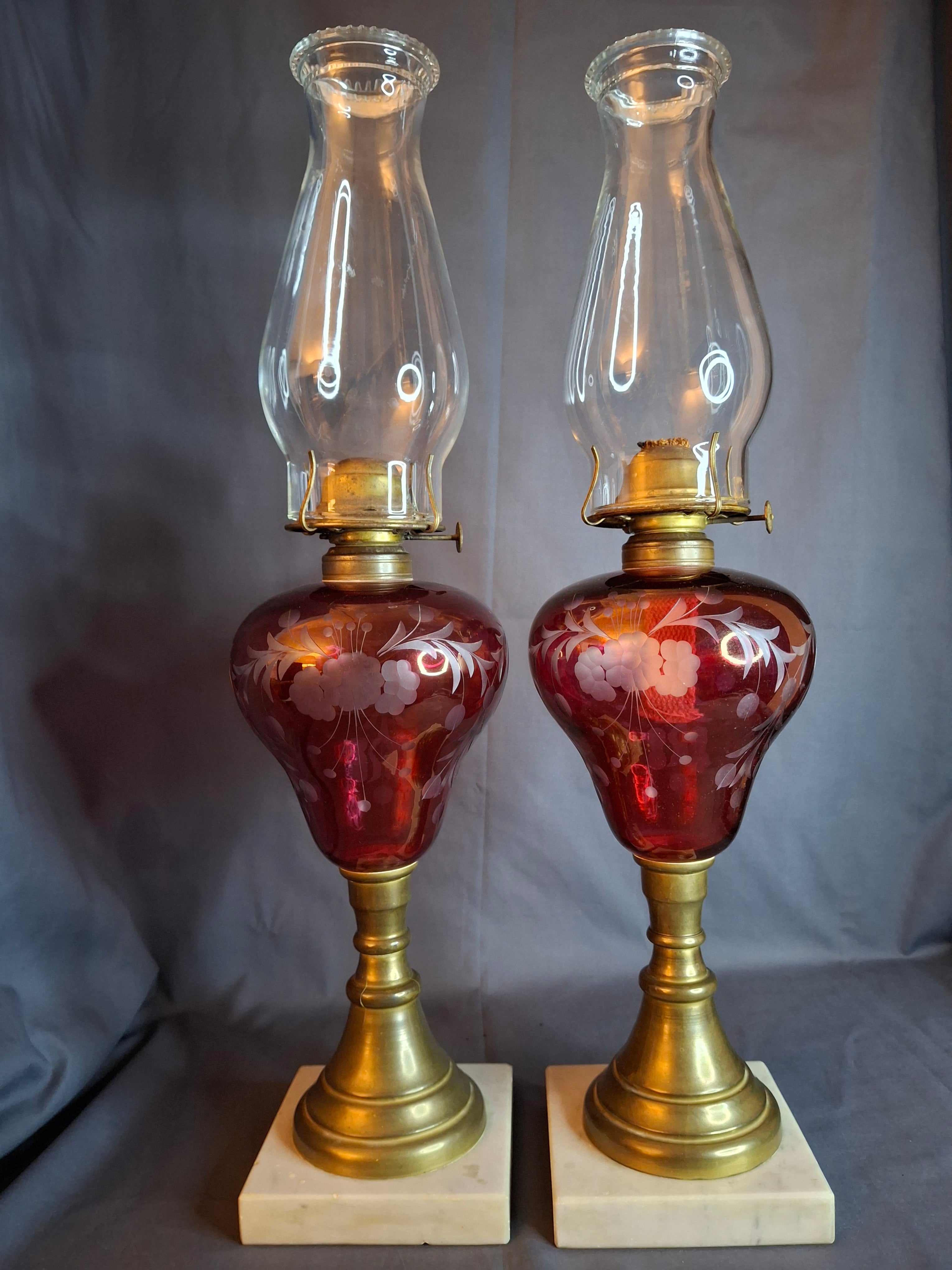 Matching Pair Antique Bohemian Cranberry Cut-to-Clear Kerosene Lamps Marble Base P&A Eagle 1850s
