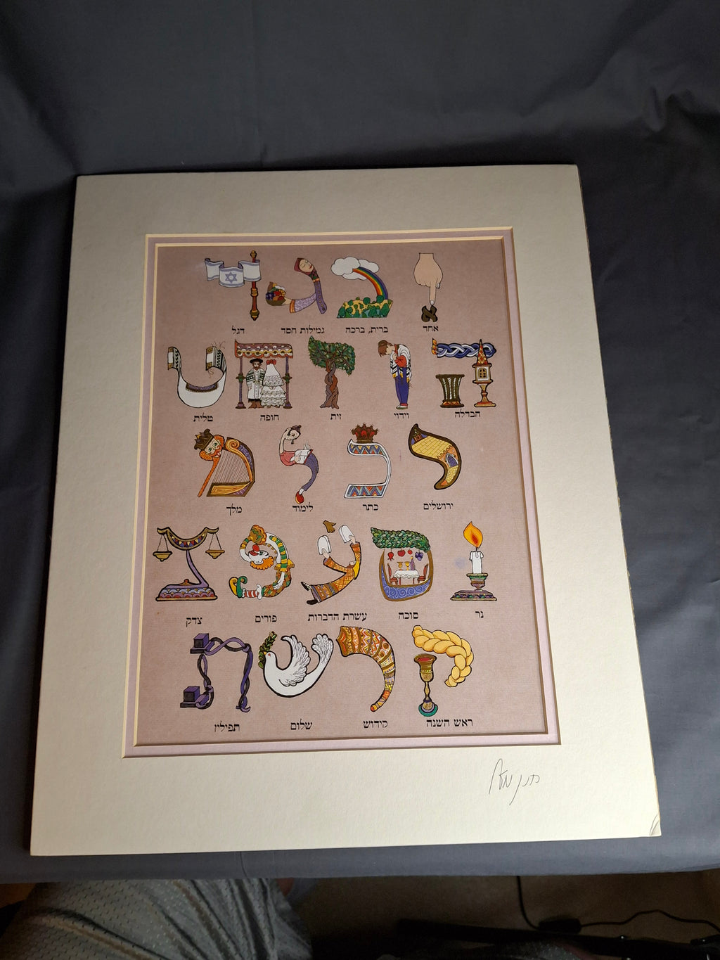 Vintage Chanan Mazal Signed Hebrew Alphabet Lithograph Art Print Judaica Israel