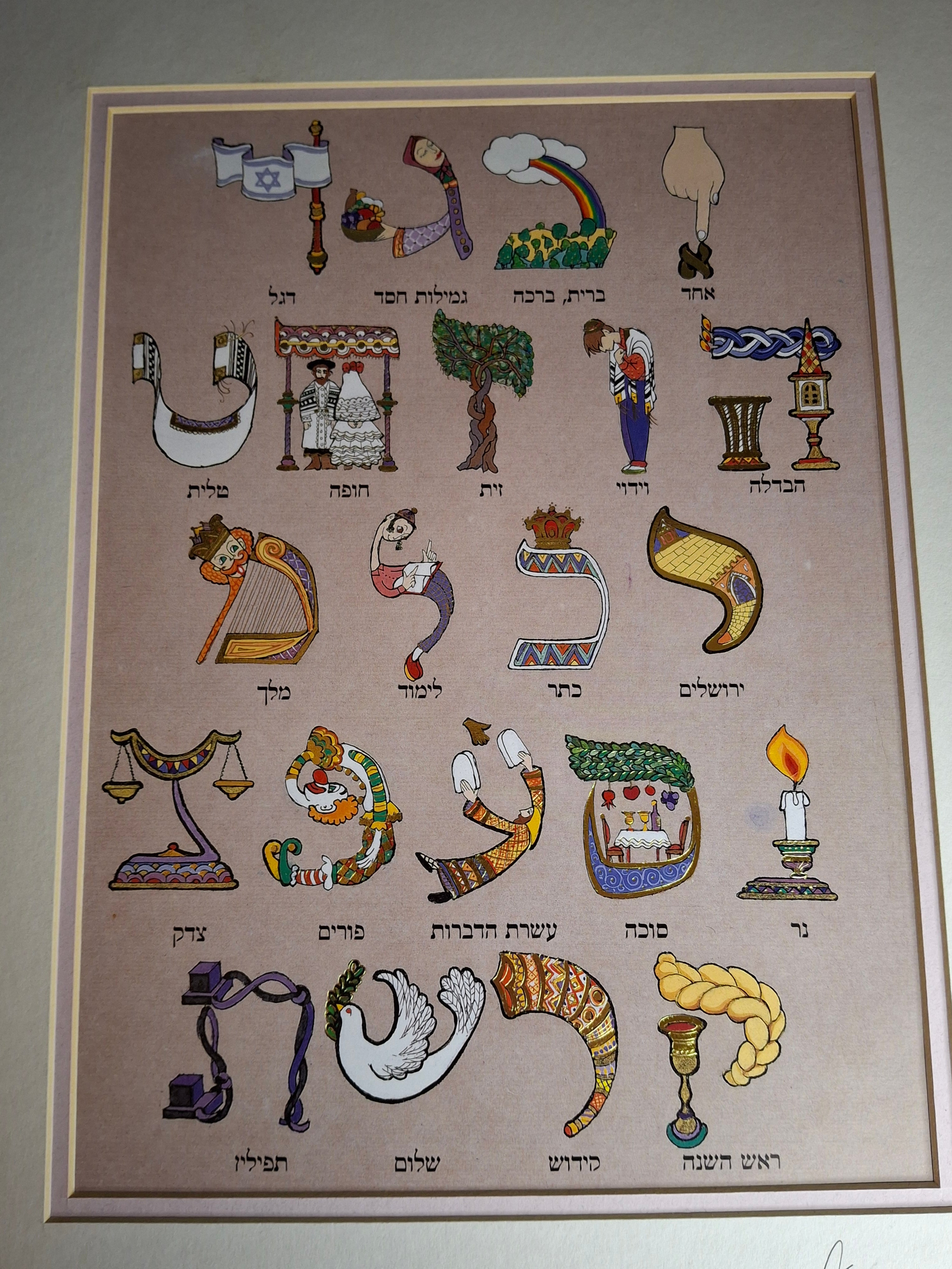 Vintage Chanan Mazal Signed Hebrew Alphabet Lithograph Art Print Judaica Israel