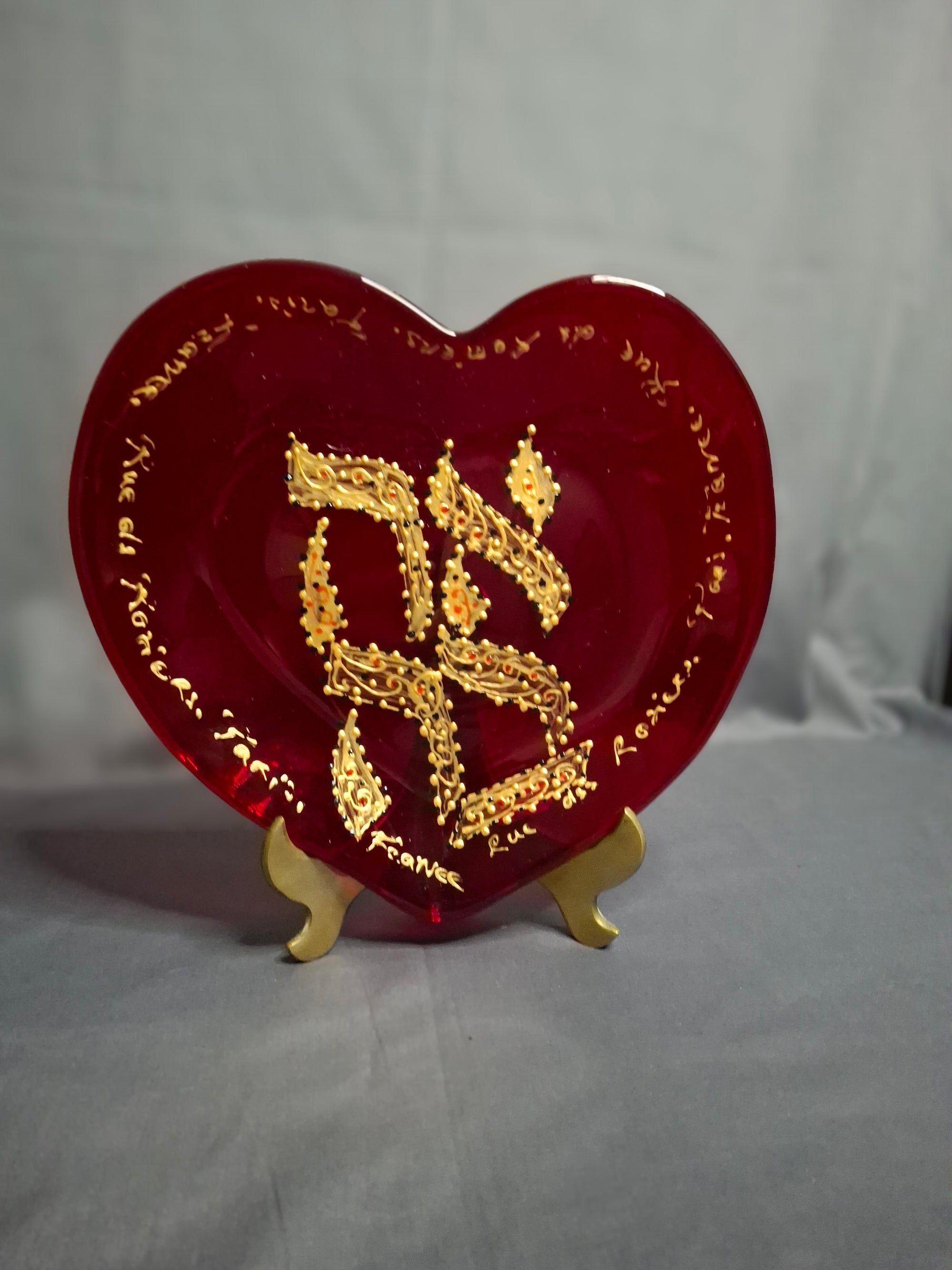 Vintage Murano Red Glass Heart Plate Signed Ahava Hebrew Rue des Rosiers Paris