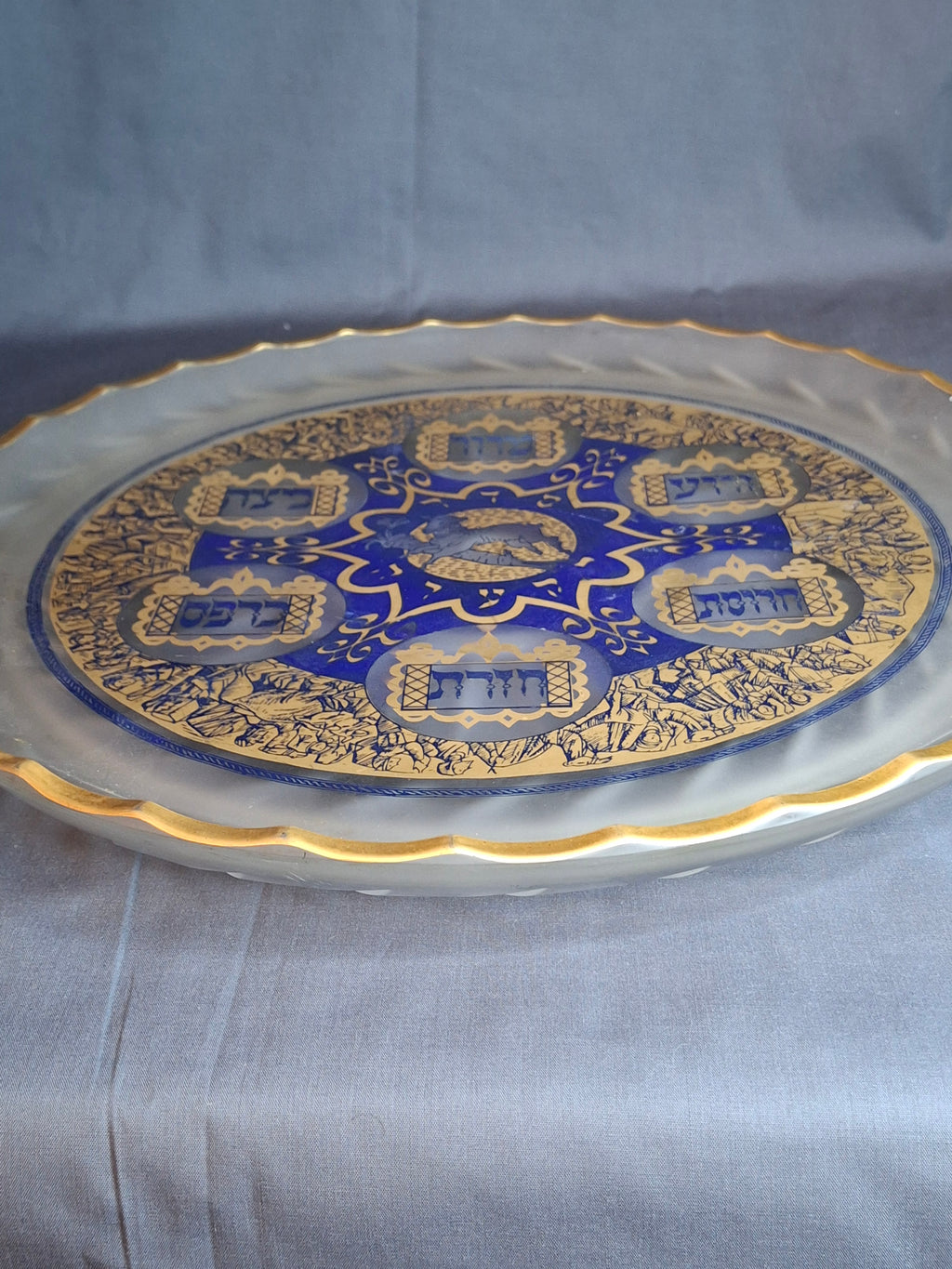 Vintage A. Barton Creation 24K Gold & Cobalt Blue Glass Seder Plate - 13.25"