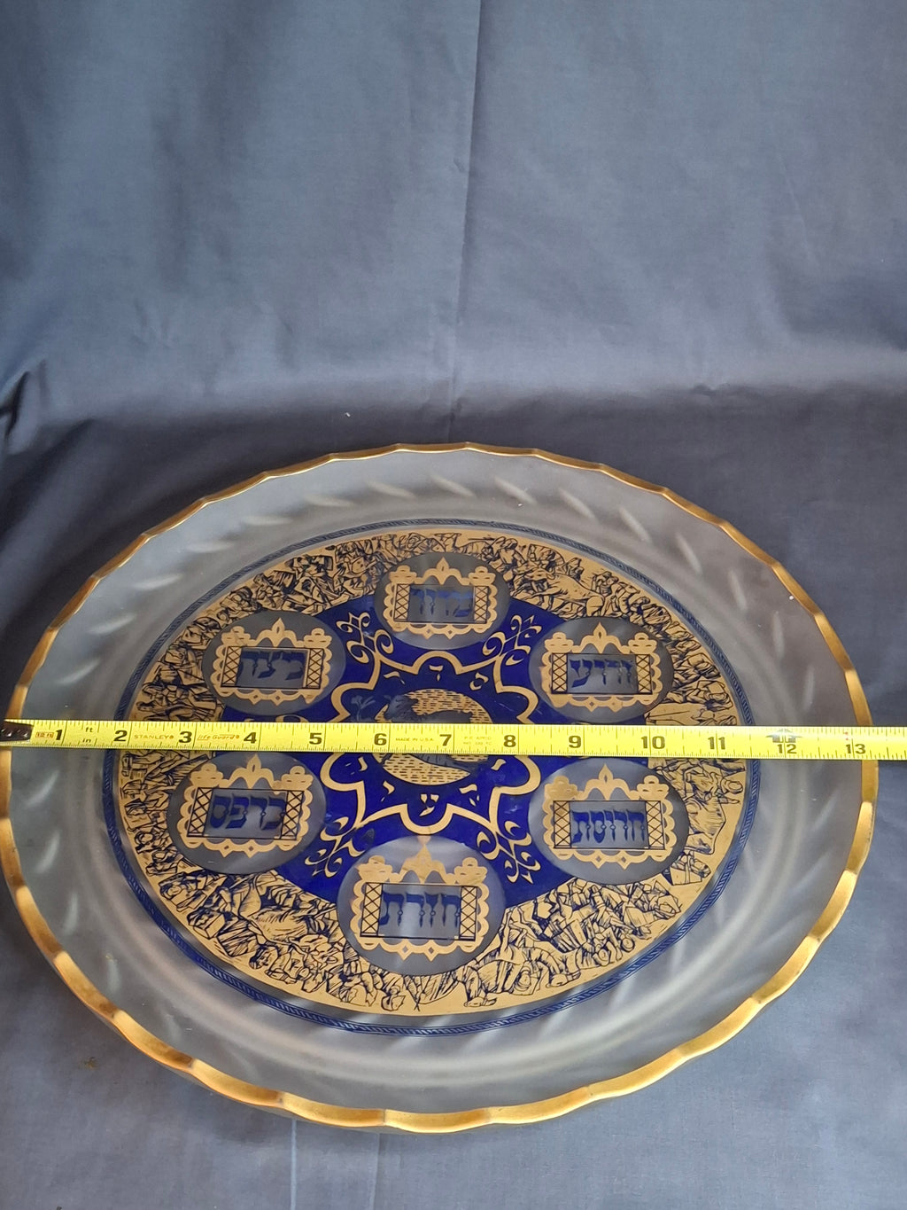 Vintage A. Barton Creation 24K Gold & Cobalt Blue Glass Seder Plate - 13.25"