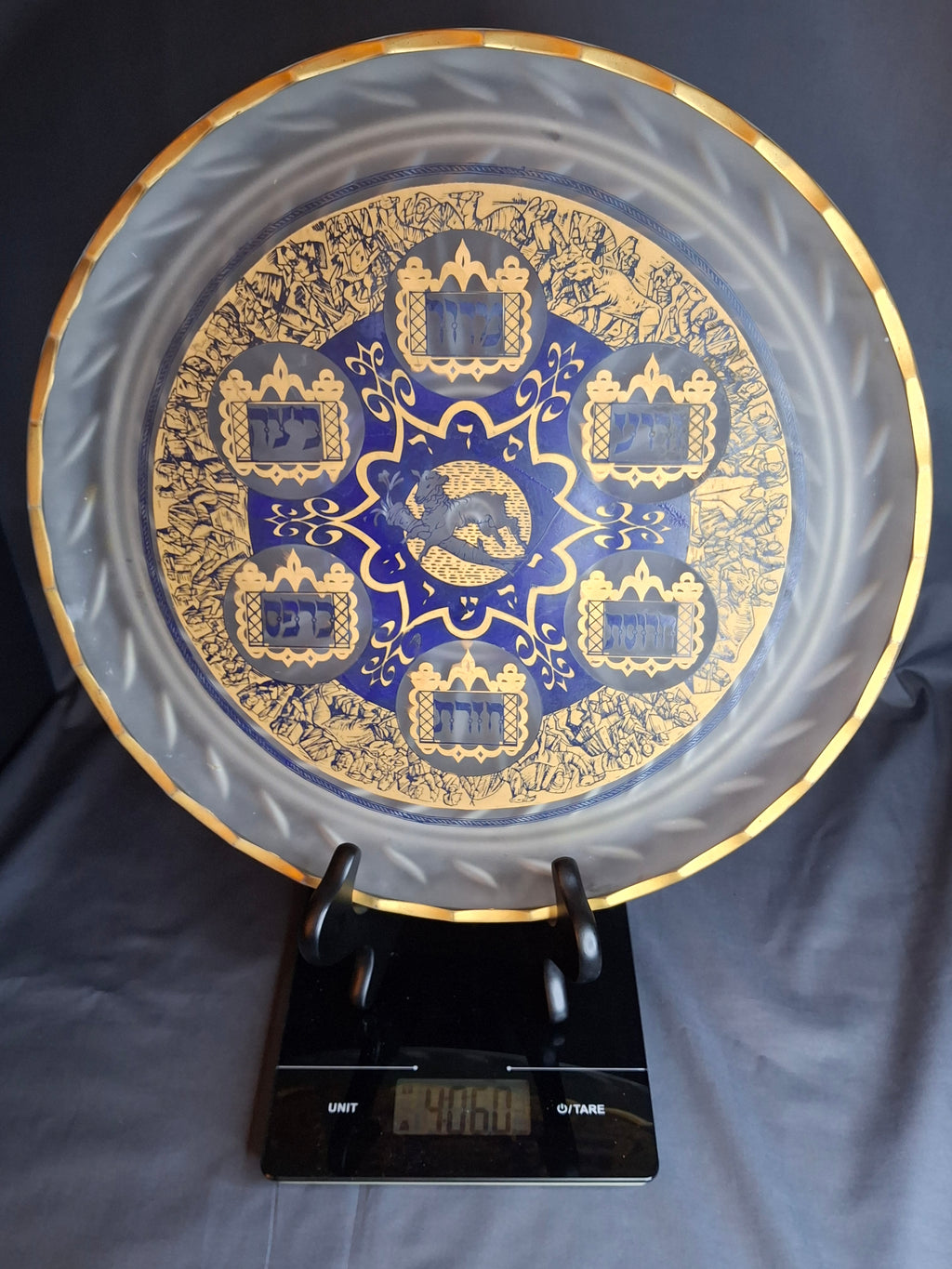 Vintage A. Barton Creation 24K Gold & Cobalt Blue Glass Seder Plate - 13.25"