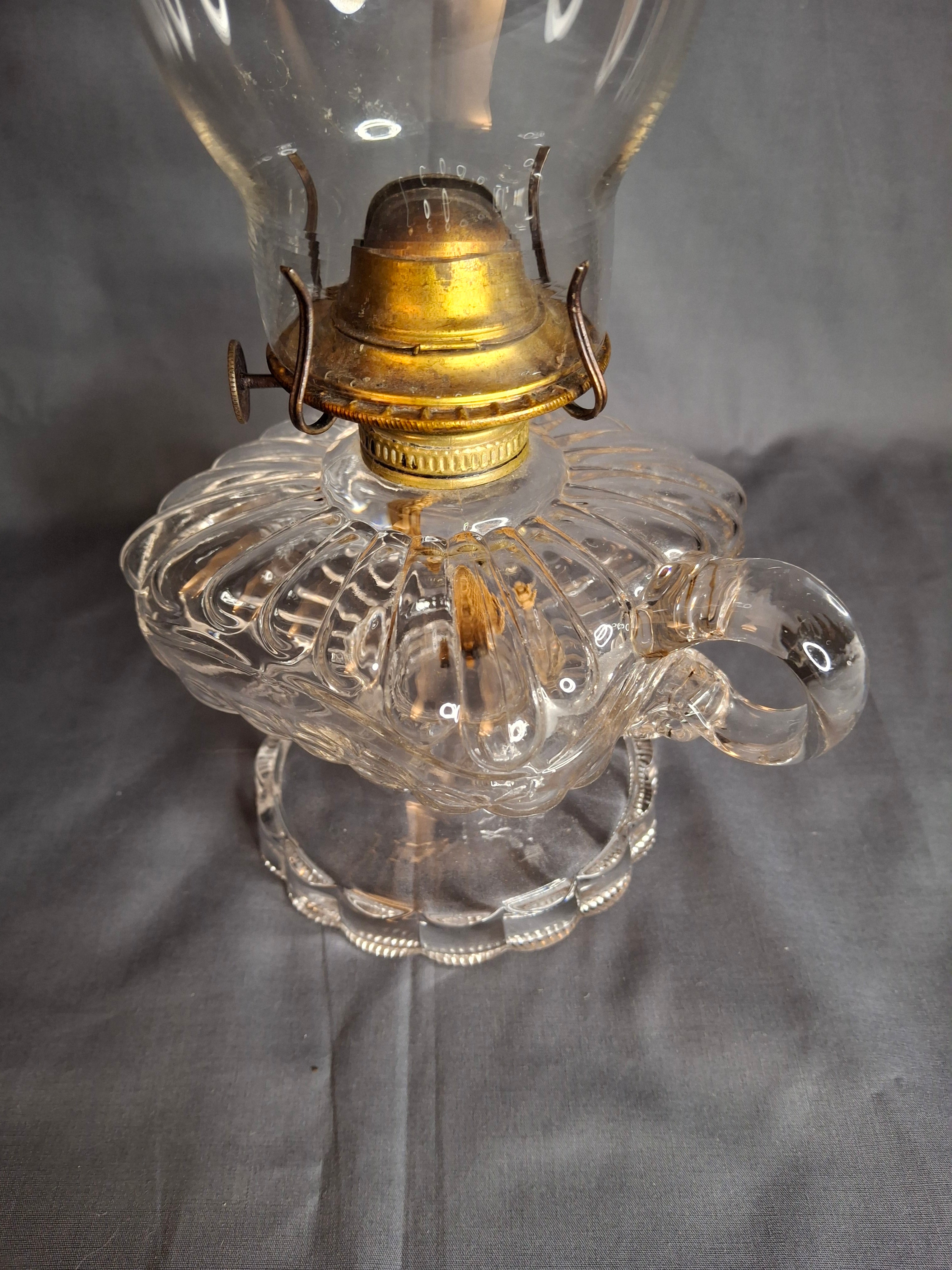 Antique EAPG Clear Beaded Swirl Kerosene Finger Lamp Eagle Burner Duncan No 335