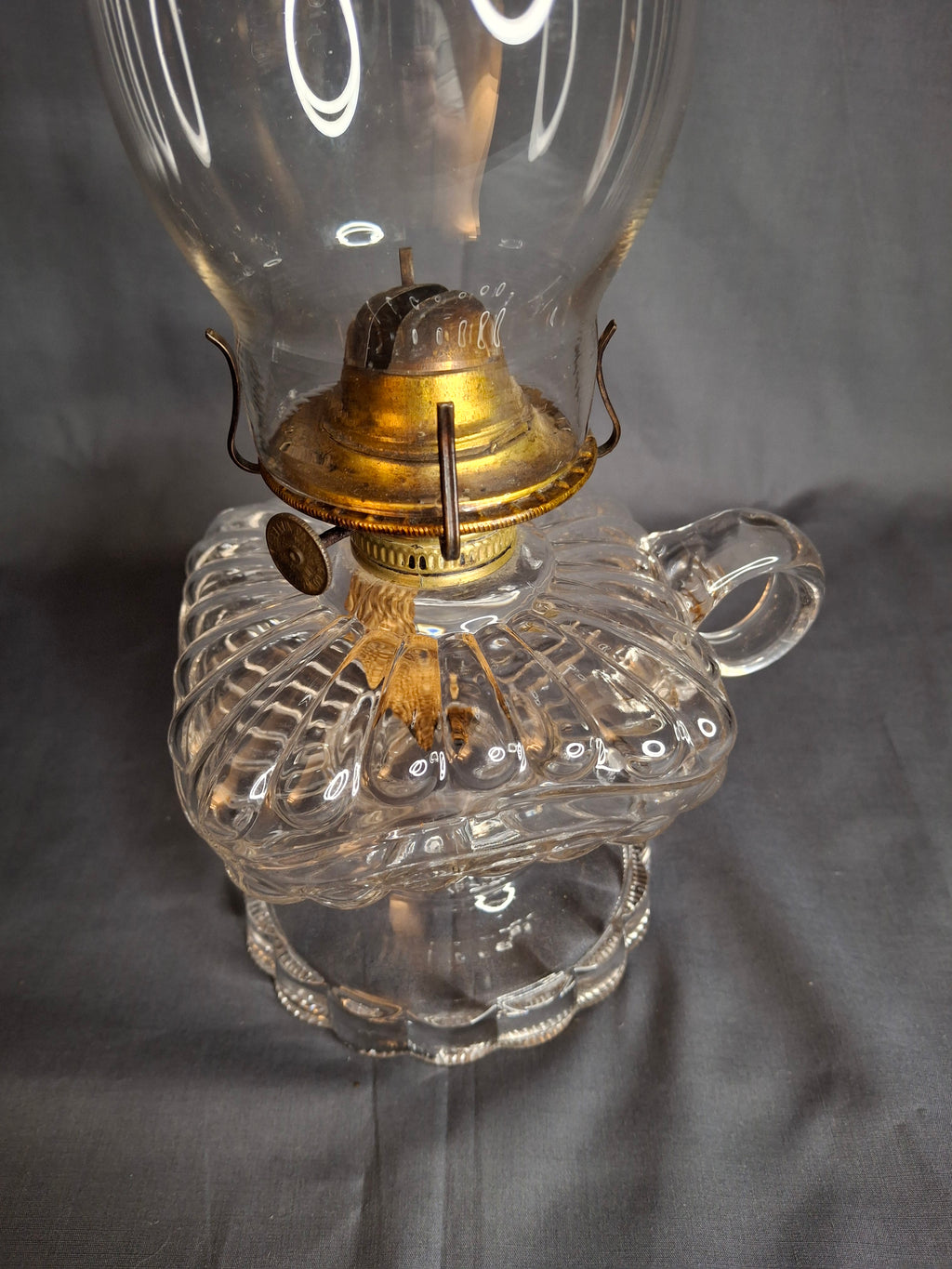 Antique EAPG Clear Beaded Swirl Kerosene Finger Lamp Eagle Burner Duncan No 335