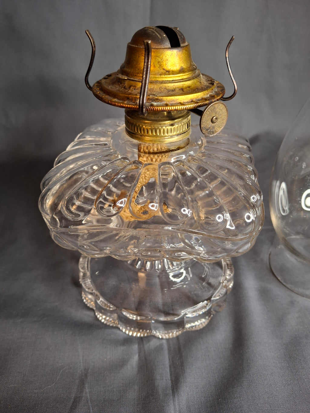 Antique EAPG Clear Beaded Swirl Kerosene Finger Lamp Eagle Burner Duncan No 335