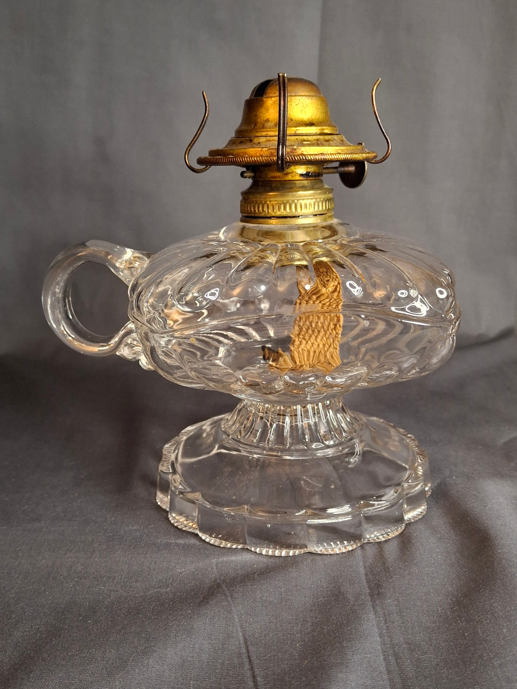 Antique EAPG Clear Beaded Swirl Kerosene Finger Lamp Eagle Burner Duncan No 335