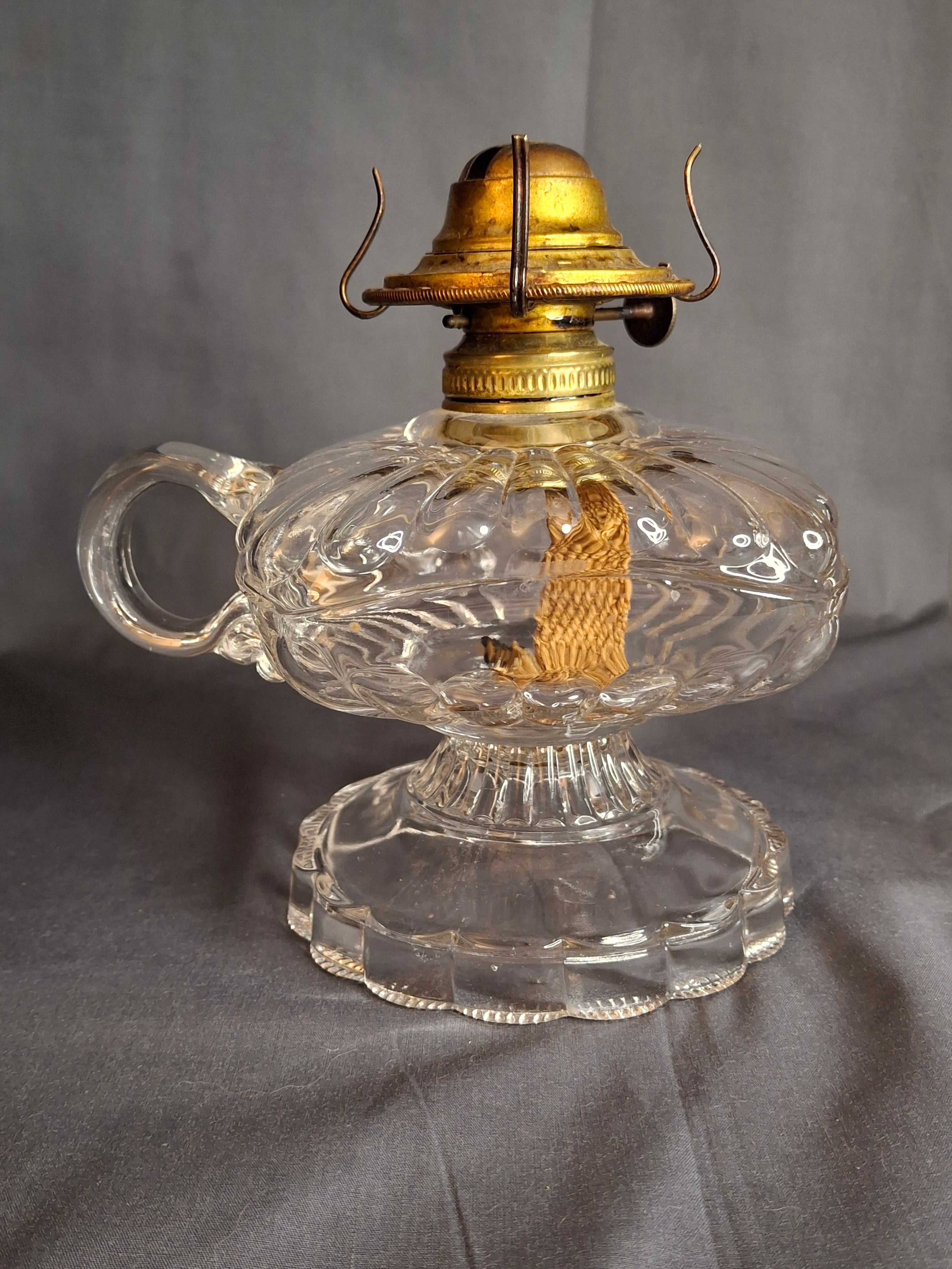 Antique EAPG Clear Beaded Swirl Kerosene Finger Lamp Eagle Burner Duncan No 335