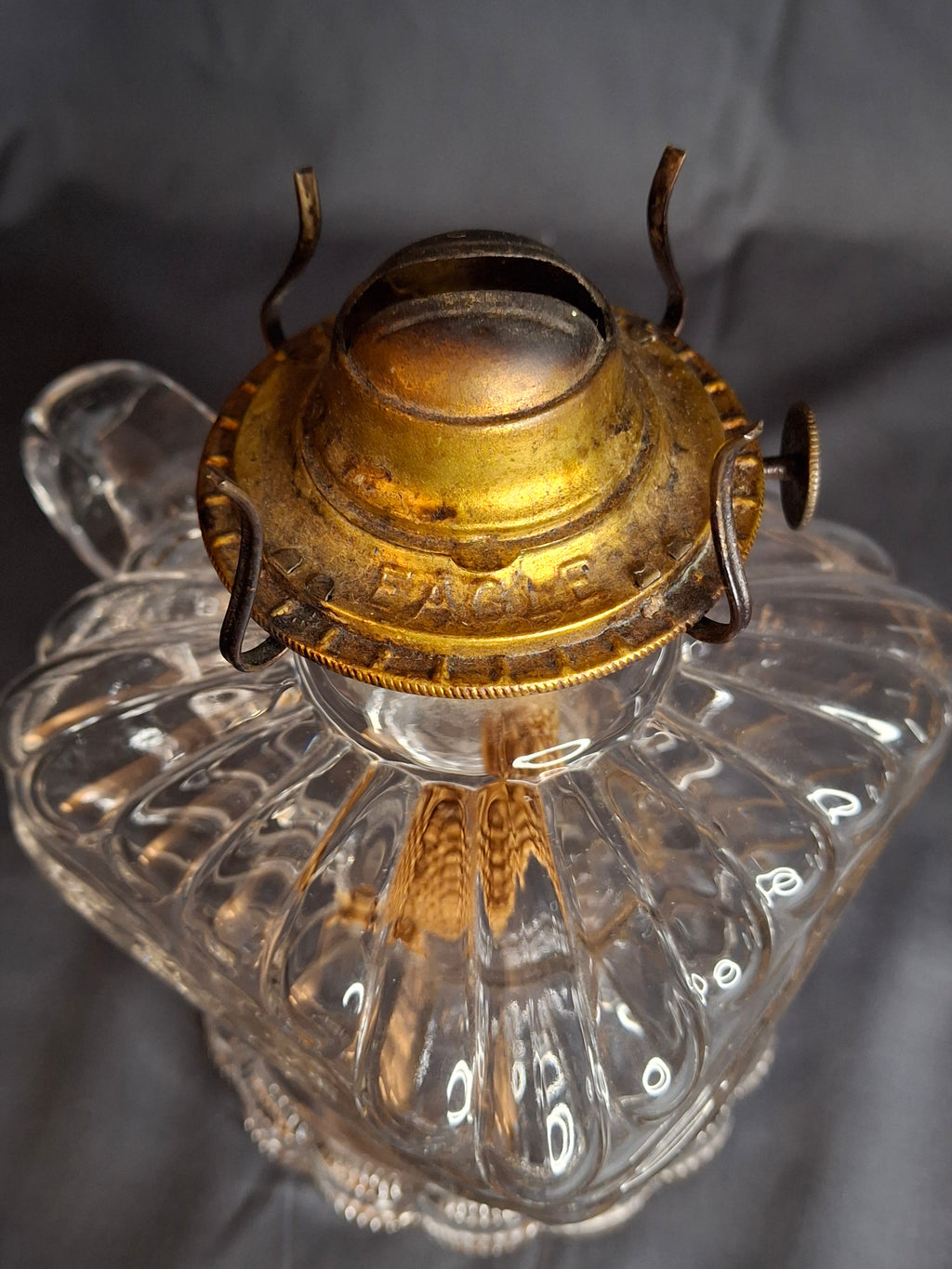 Antique EAPG Clear Beaded Swirl Kerosene Finger Lamp Eagle Burner Duncan No 335