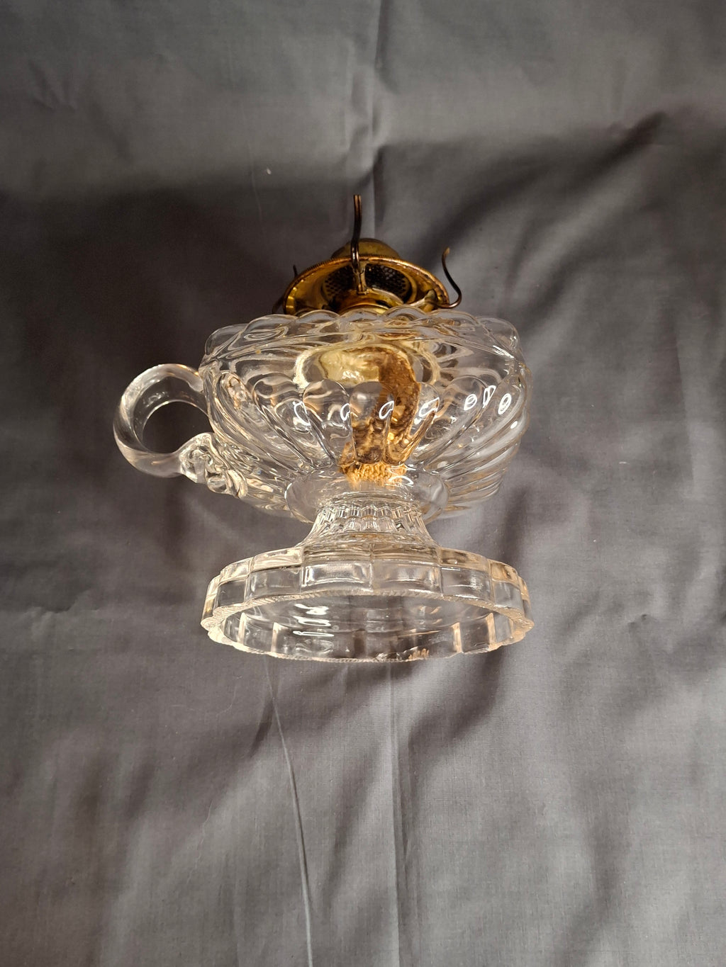 Antique EAPG Clear Beaded Swirl Kerosene Finger Lamp Eagle Burner Duncan No 335
