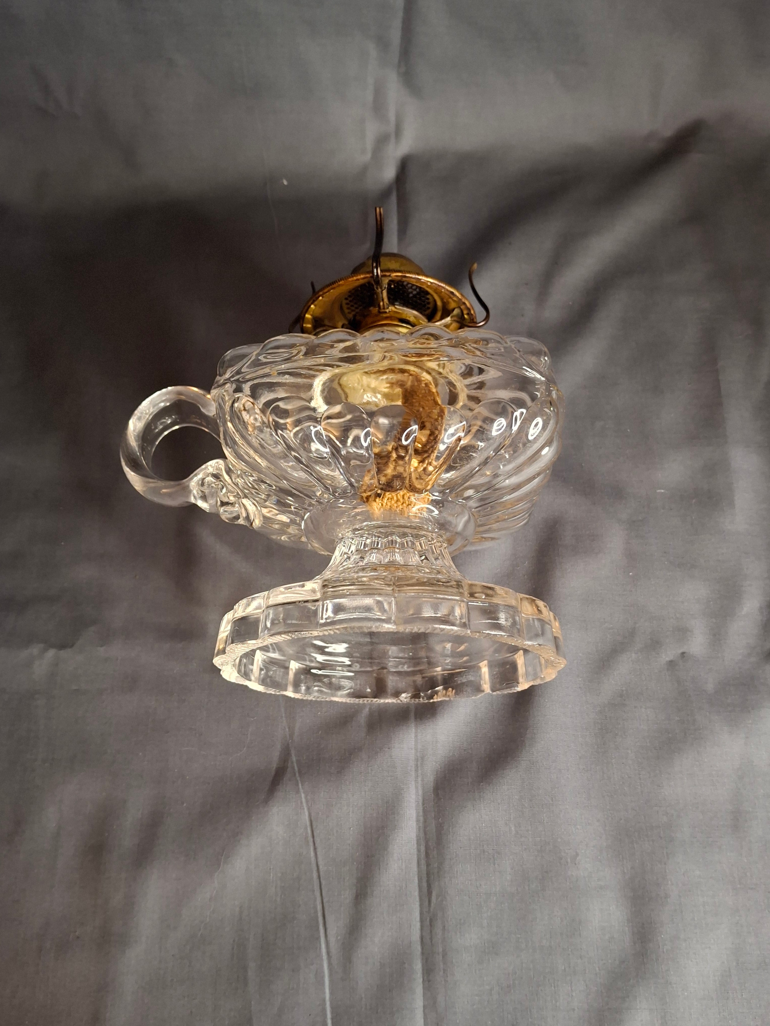 Antique EAPG Clear Beaded Swirl Kerosene Finger Lamp Eagle Burner Duncan No 335