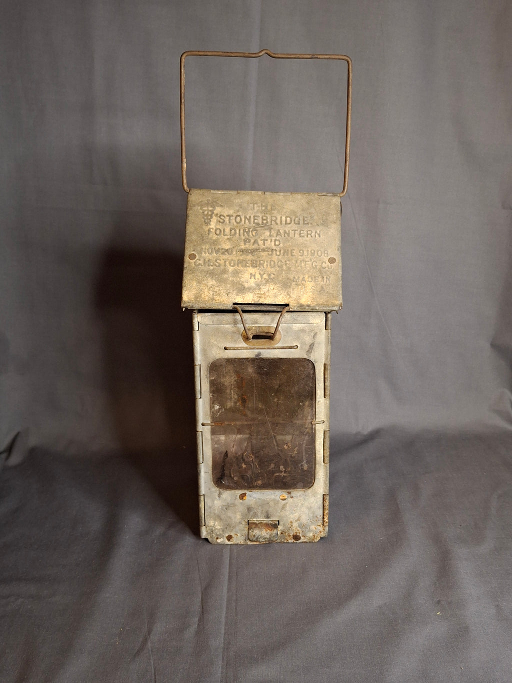 Antique WWI Stonebridge Folding Lantern 1906 Pat US Army Medical Corps Trench Light Mica Windows