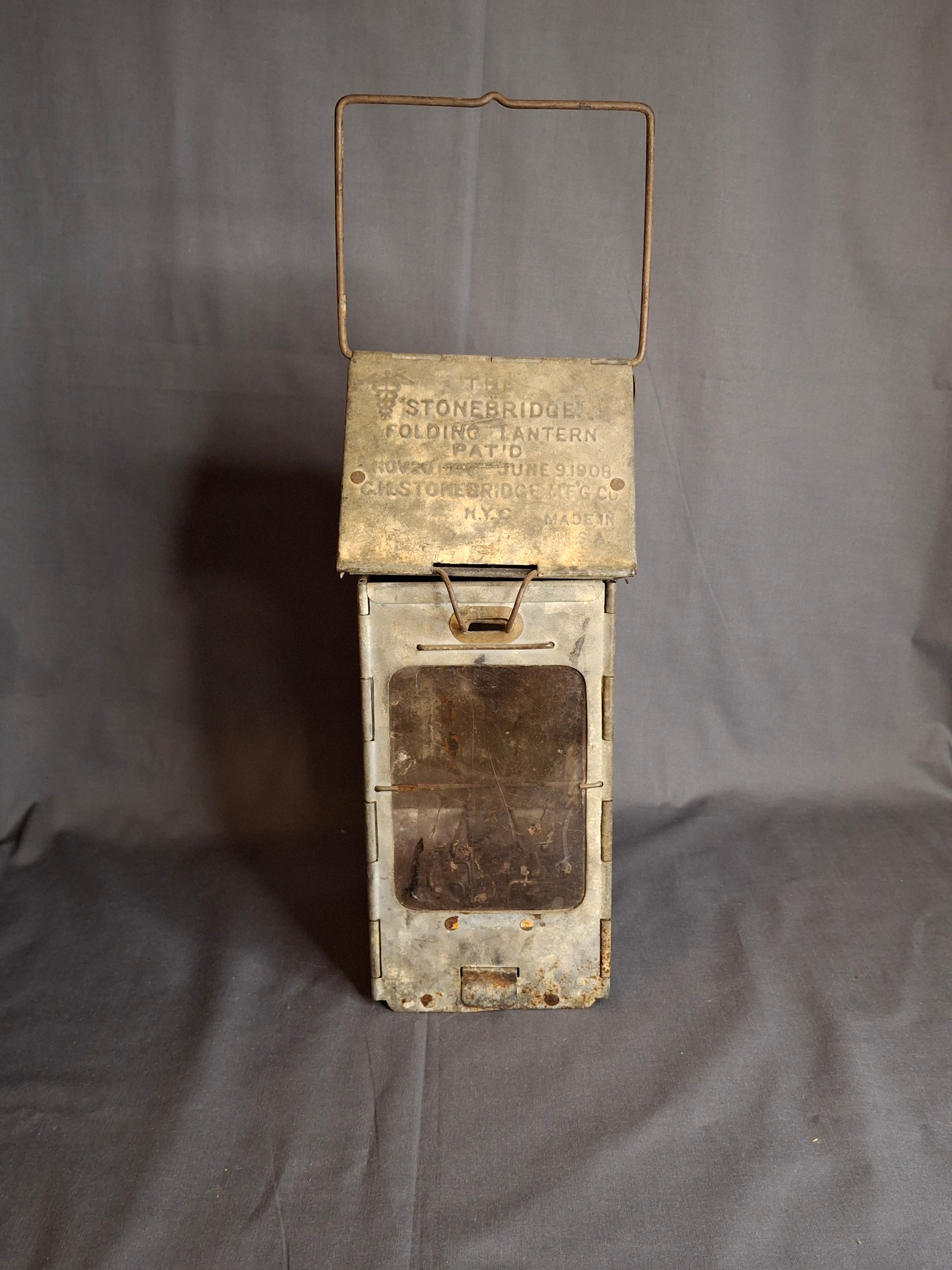 Antique WWI Stonebridge Folding Lantern 1906 Pat US Army Medical Corps Trench Light Mica Windows