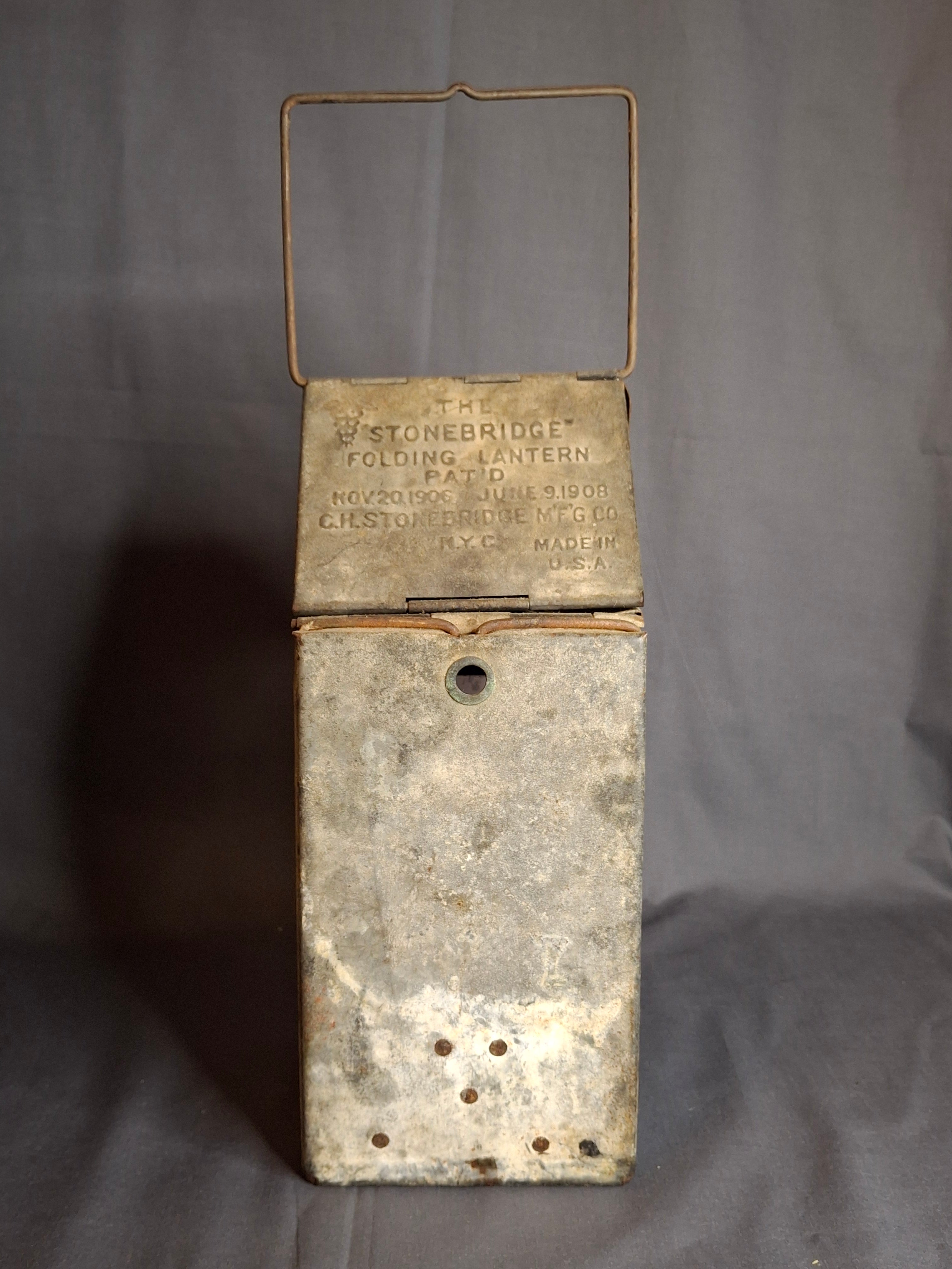 Antique WWI Stonebridge Folding Lantern 1906 Pat US Army Medical Corps Trench Light Mica Windows
