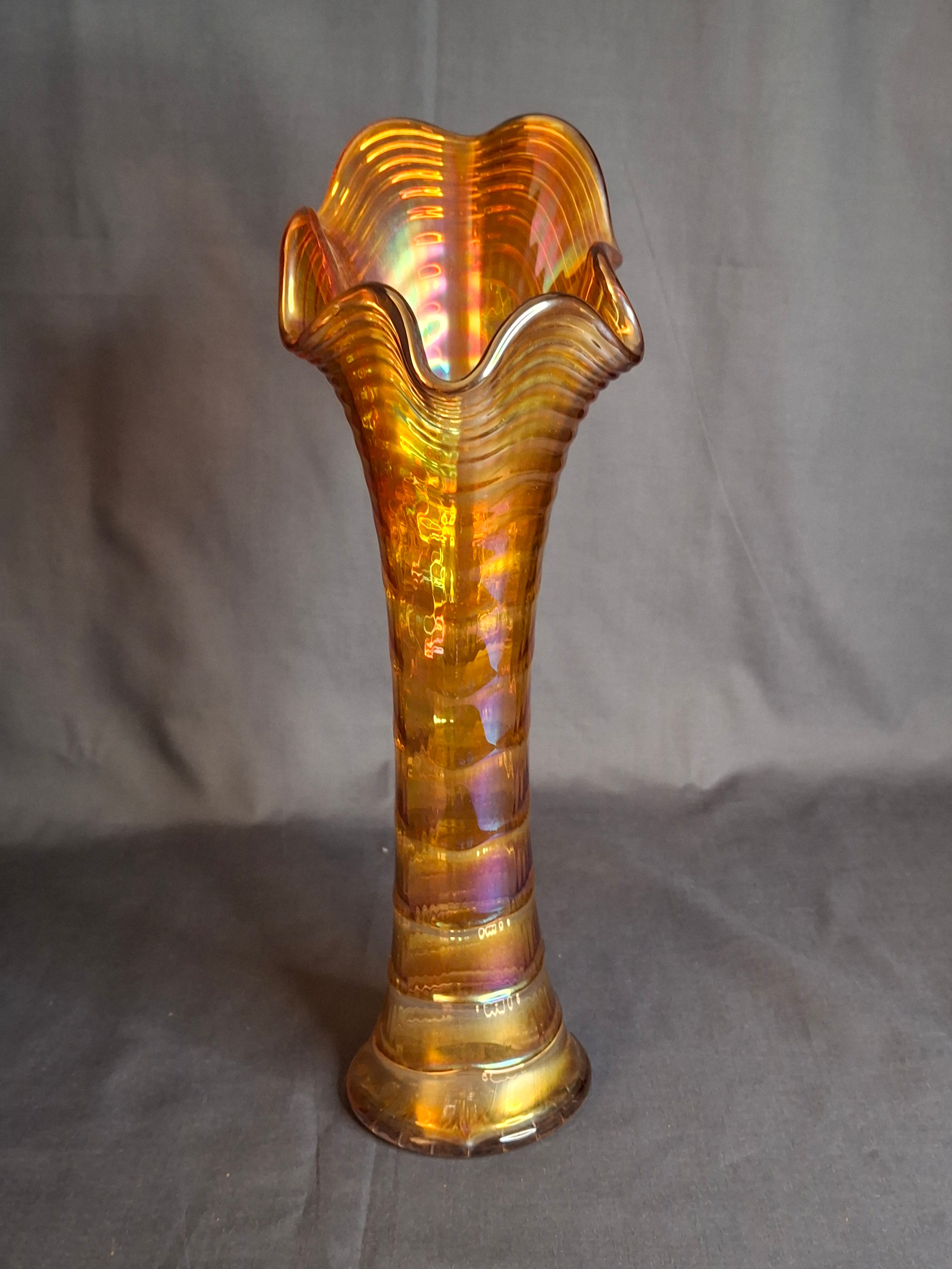Antique Imperial Glass Marigold Ripple Swung Vase Vivid Pink Iridescence 11"