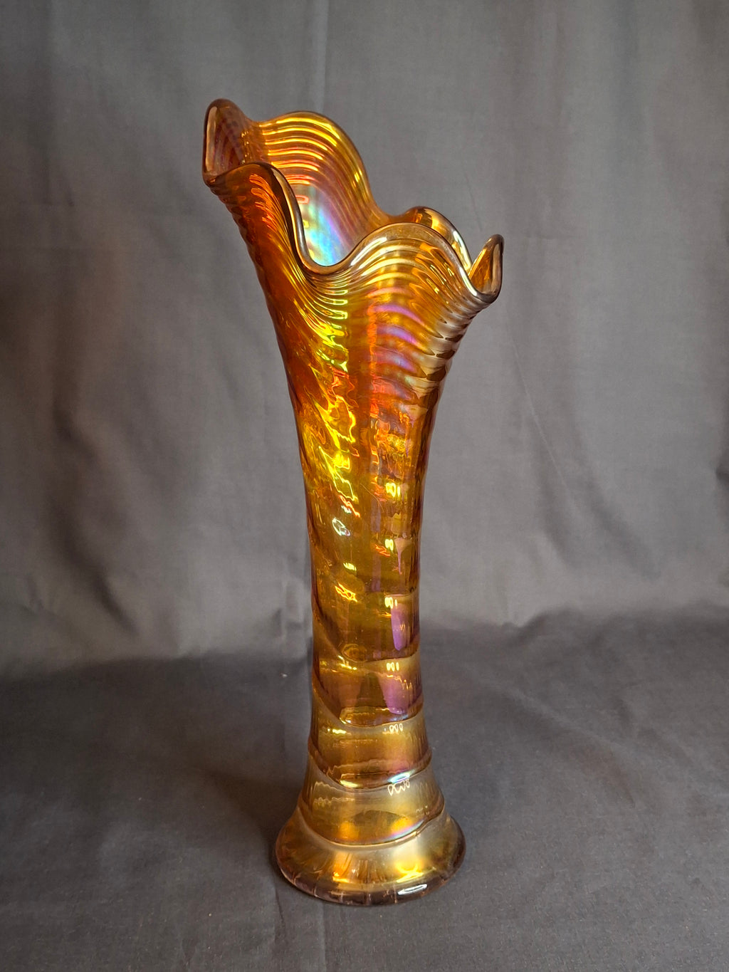 Antique Imperial Glass Marigold Ripple Swung Vase Vivid Pink Iridescence 11"