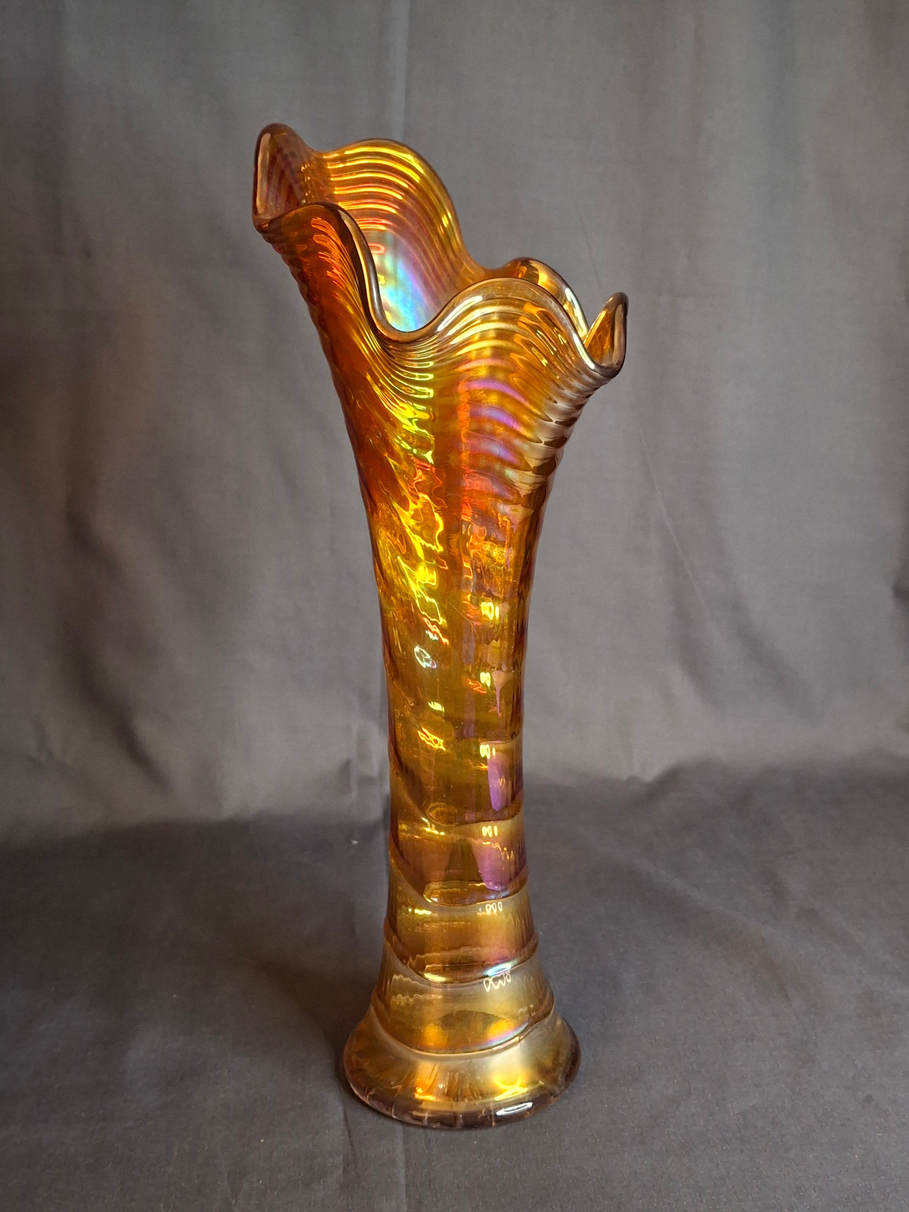 Antique Imperial Glass Marigold Ripple Swung Vase Vivid Pink Iridescence 11"