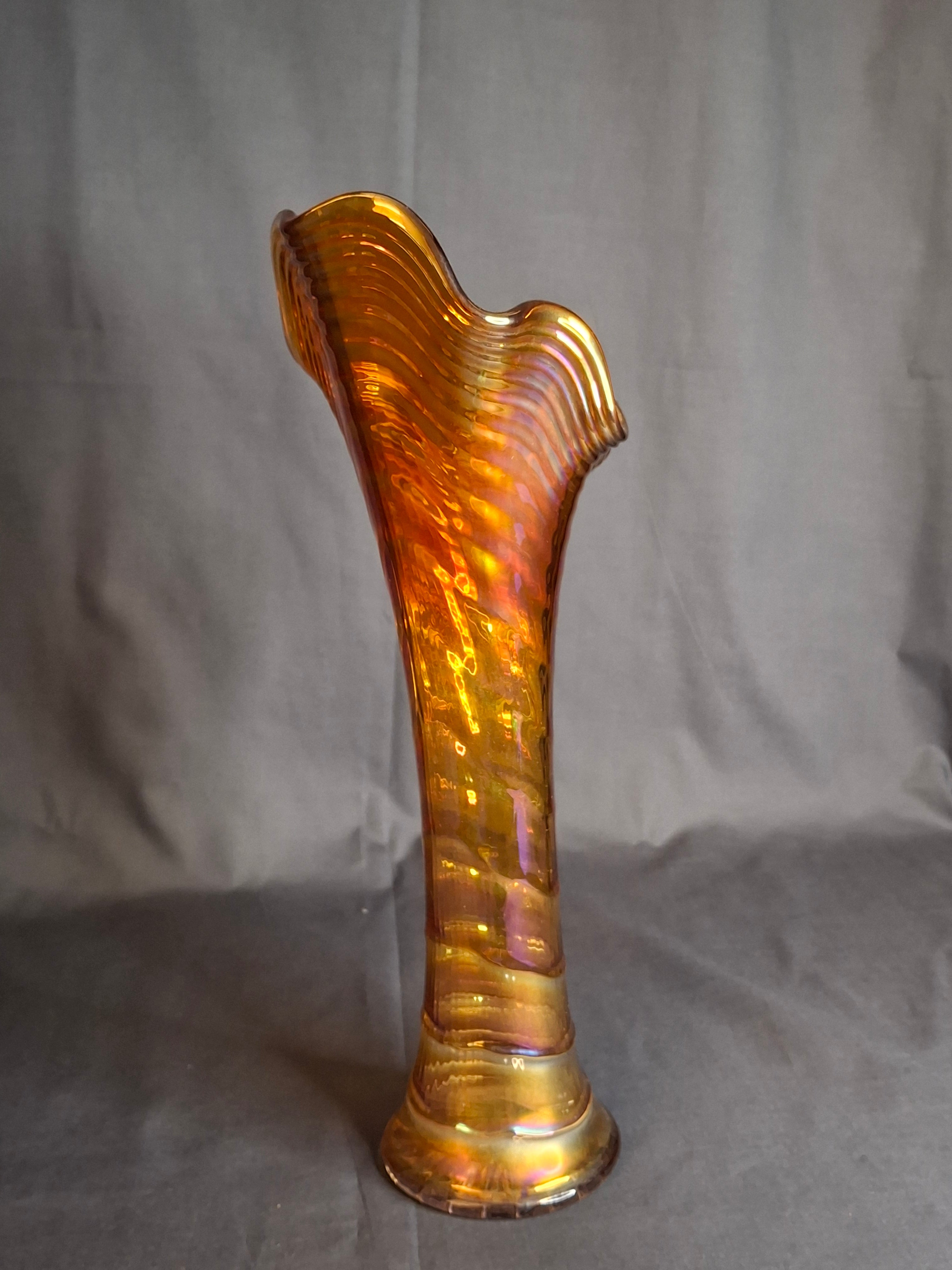 Antique Imperial Glass Marigold Ripple Swung Vase Vivid Pink Iridescence 11"