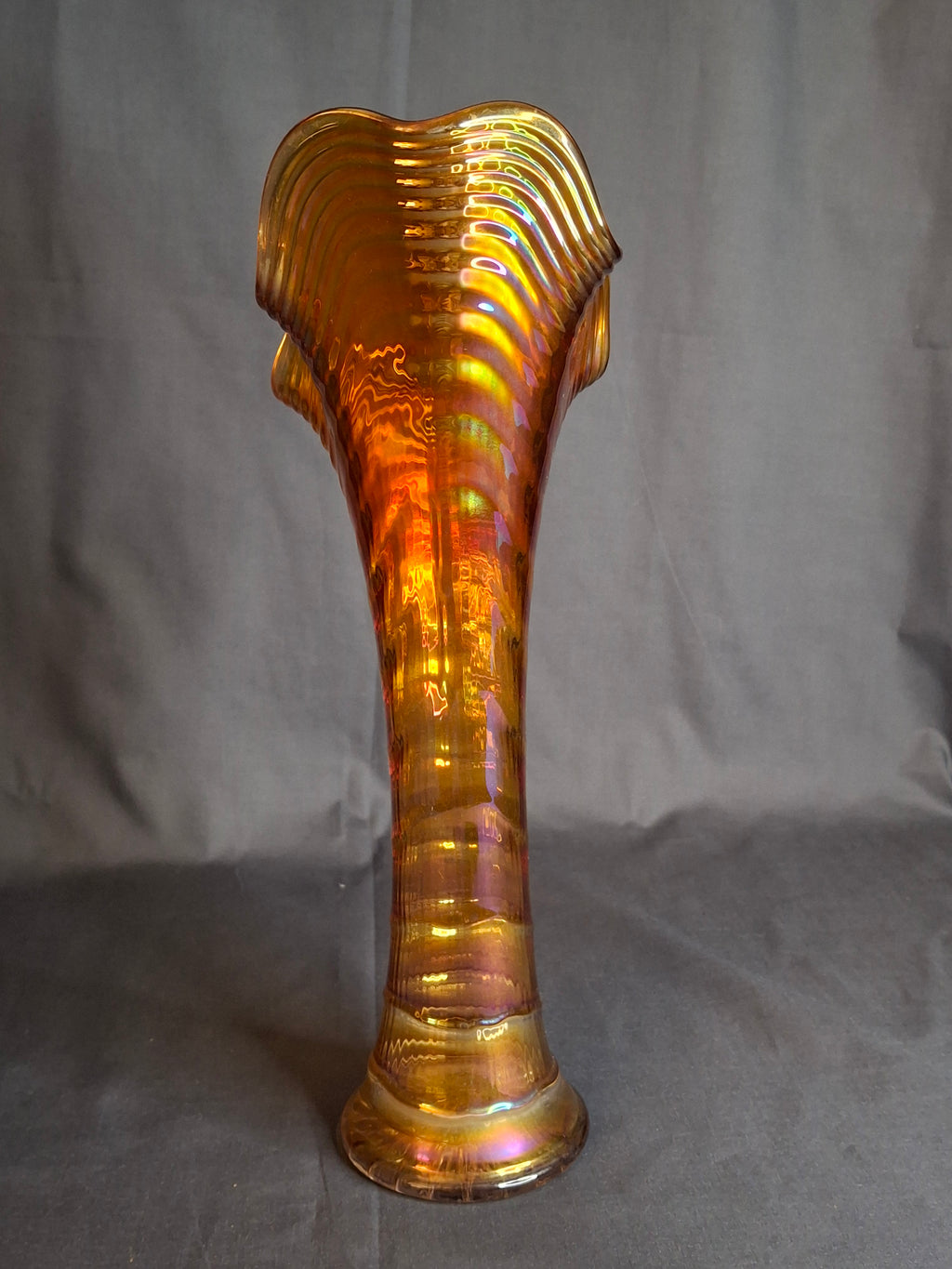 Antique Imperial Glass Marigold Ripple Swung Vase Vivid Pink Iridescence 11"