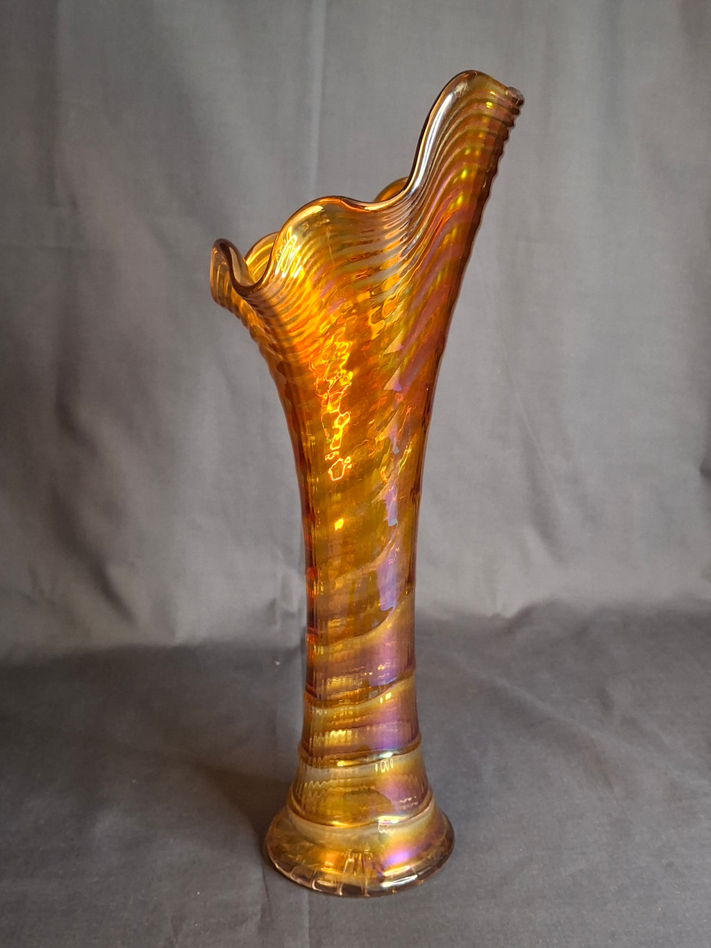 Antique Imperial Glass Marigold Ripple Swung Vase Vivid Pink Iridescence 11"