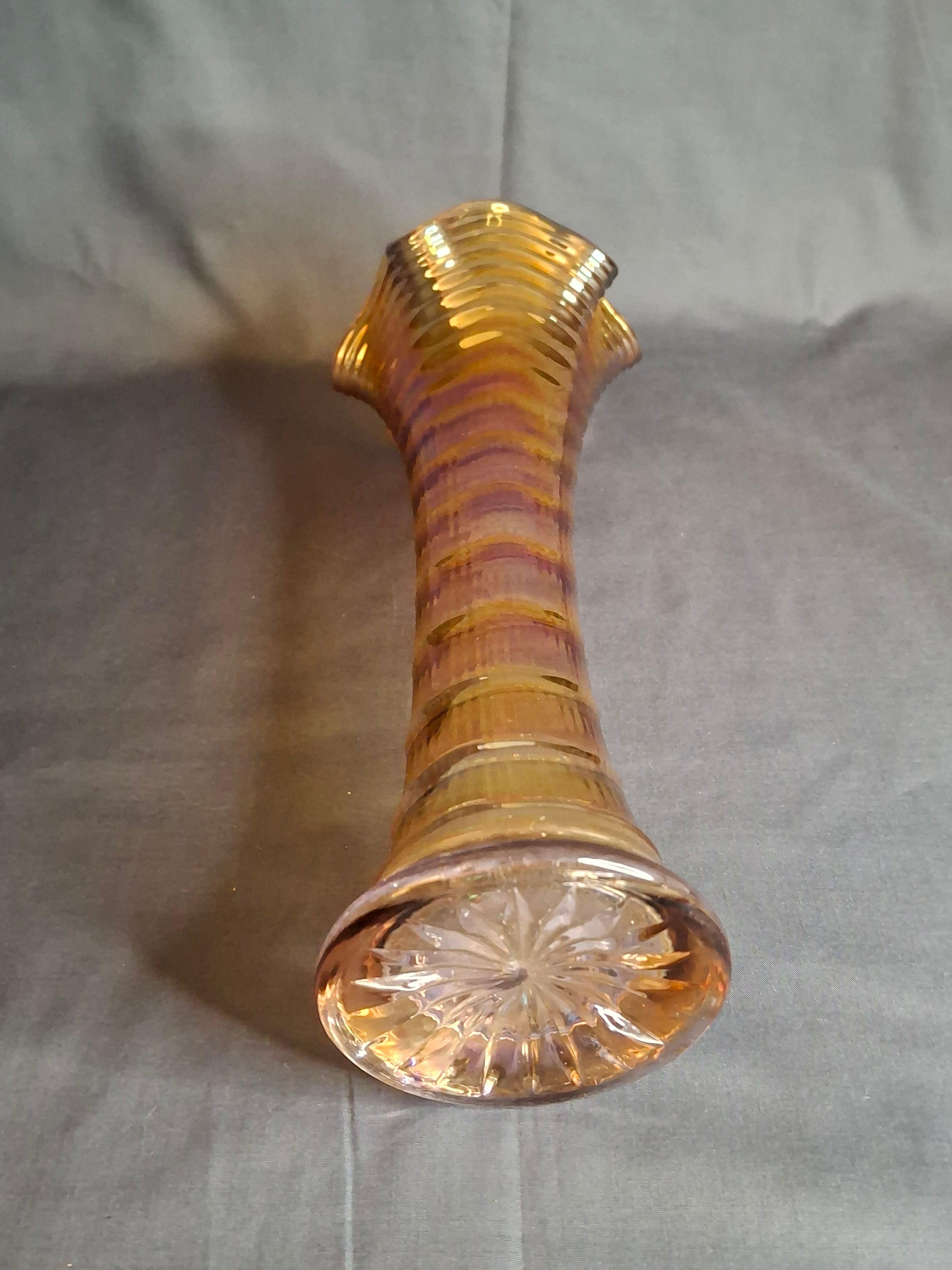 Antique Imperial Glass Marigold Ripple Swung Vase Vivid Pink Iridescence 11"