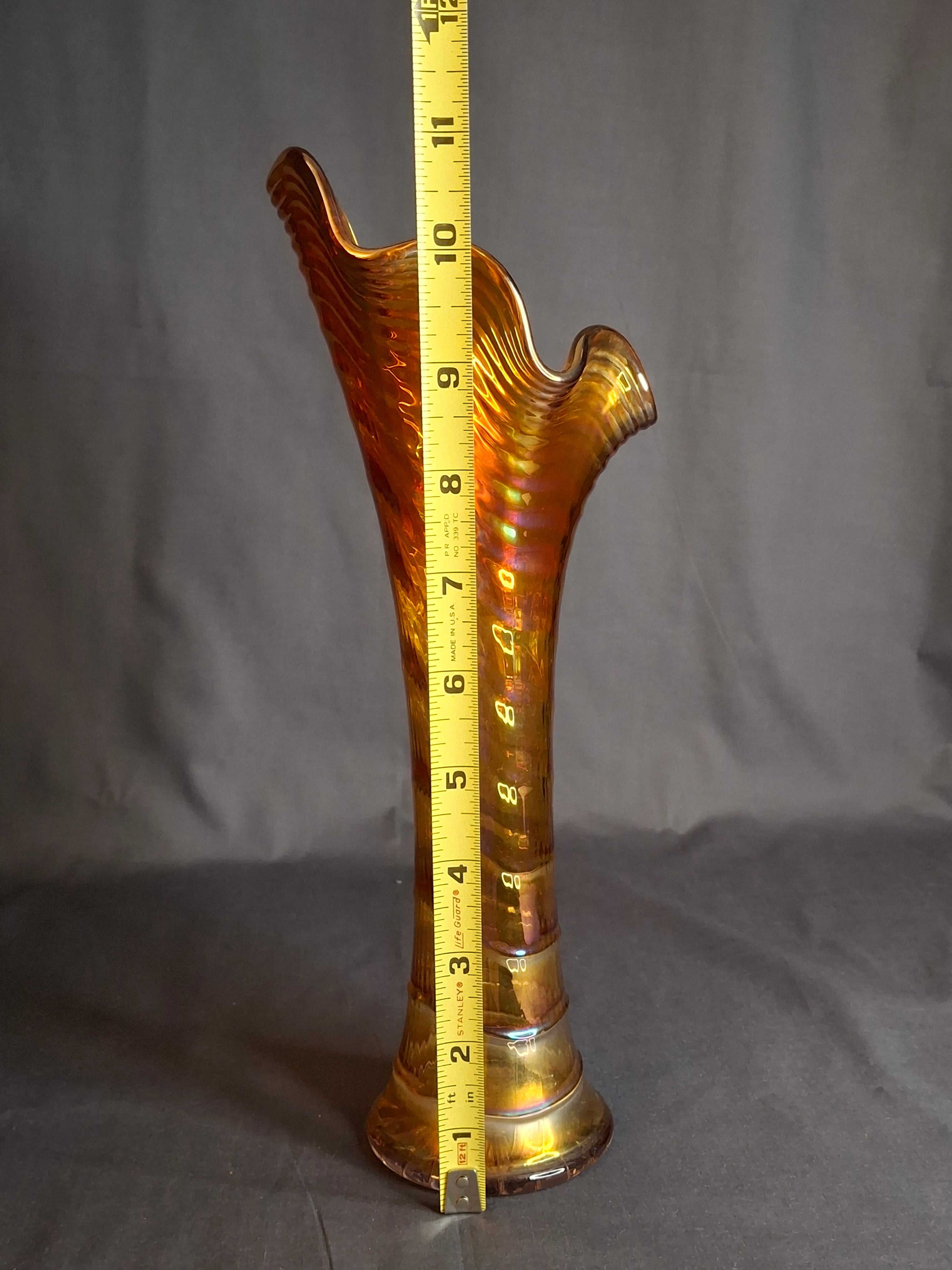 Antique Imperial Glass Marigold Ripple Swung Vase Vivid Pink Iridescence 11"
