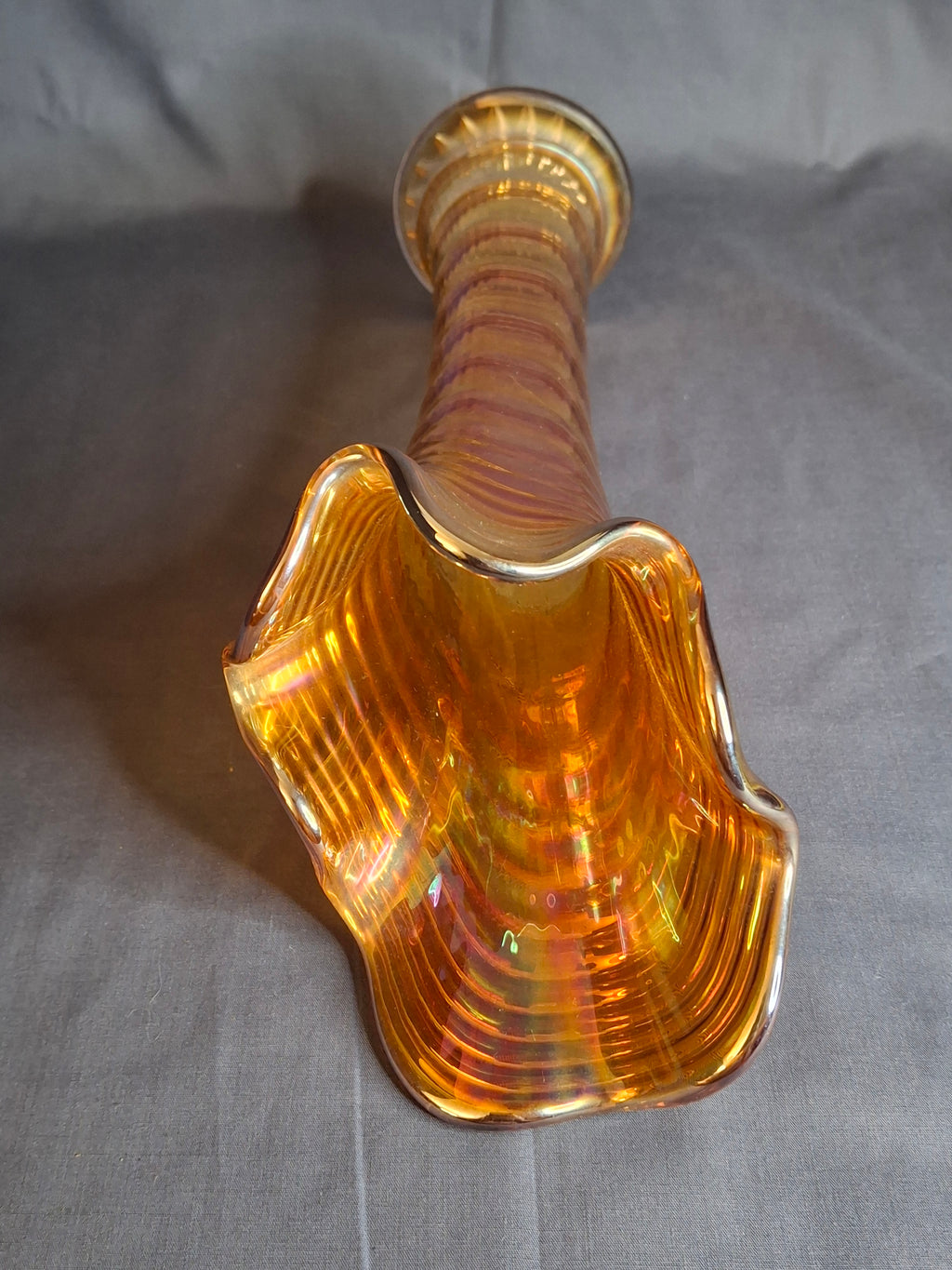 Antique Imperial Glass Marigold Ripple Swung Vase Vivid Pink Iridescence 11"