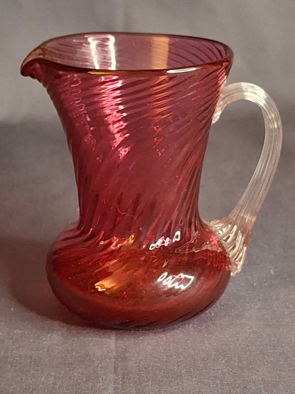 Antique Victorian Cranberry Glass Mini Pitcher Swirl Optic Hand Blown Clear Applied Handle 3.75"