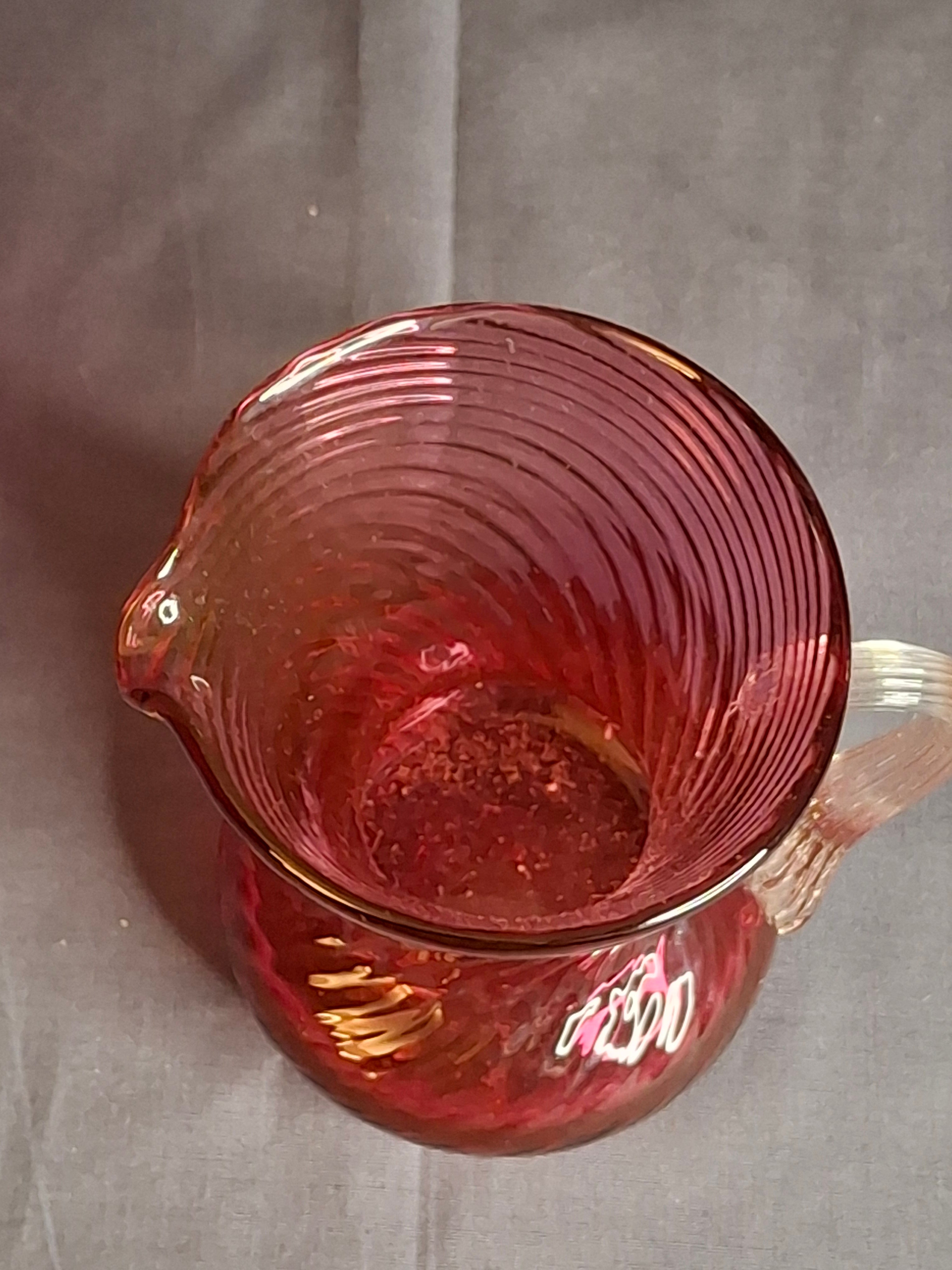 Antique Victorian Cranberry Glass Mini Pitcher Swirl Optic Hand Blown Clear Applied Handle 3.75"
