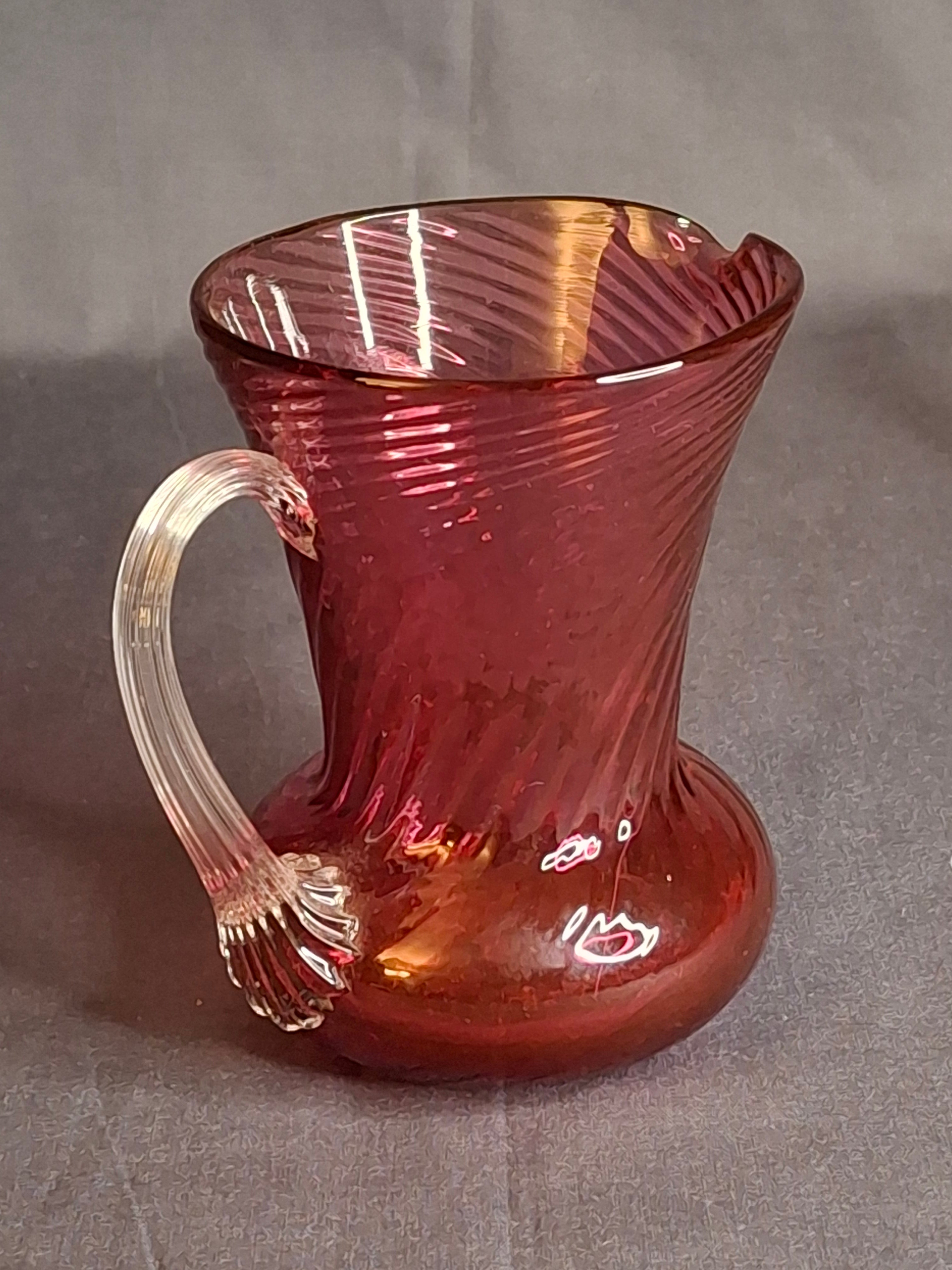 Antique Victorian Cranberry Glass Mini Pitcher Swirl Optic Hand Blown Clear Applied Handle 3.75"